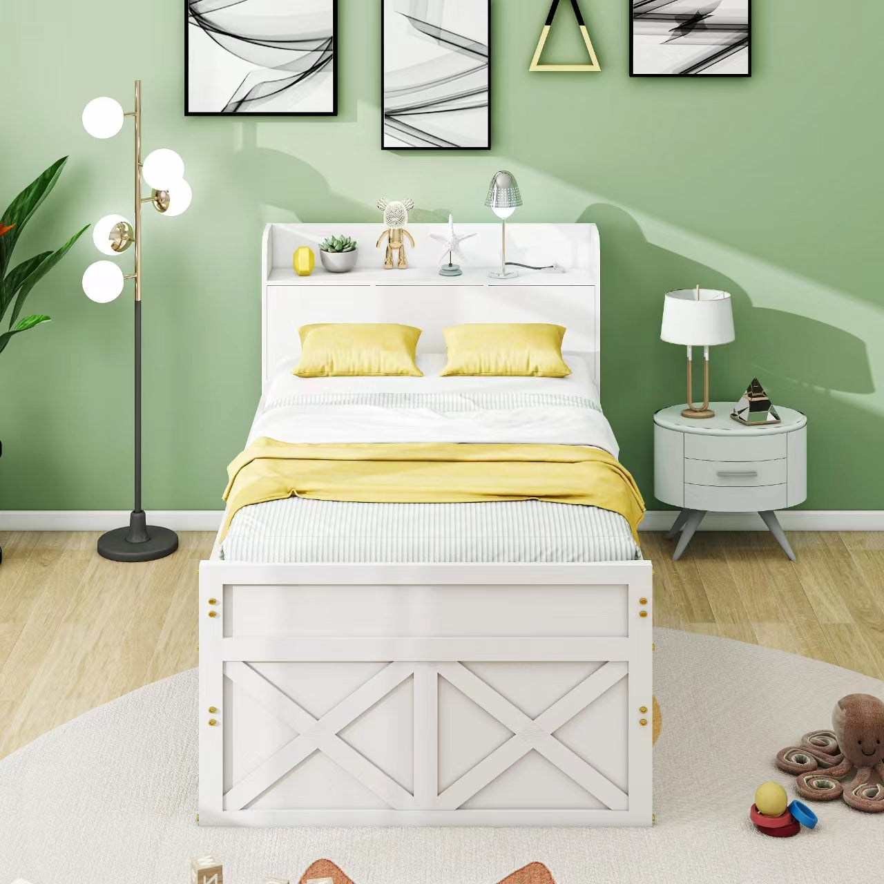 Single Bed 90x190cm Multifunctional Pull-out Drawer Bedside Table USB - Solid Pine Wood White