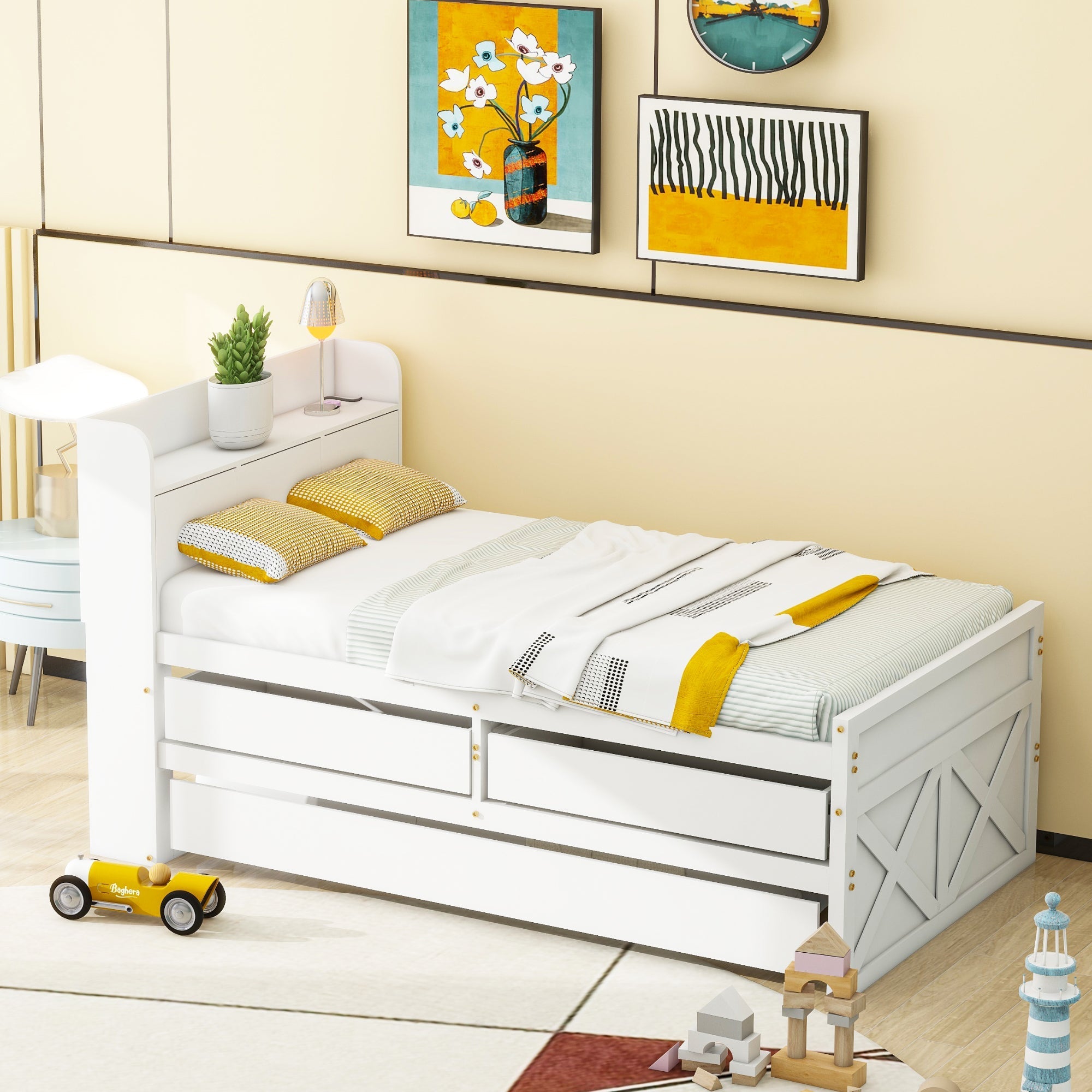 Single Bed 90x190cm Multifunctional Pull-out Drawer Bedside Table USB - Solid Pine Wood White
