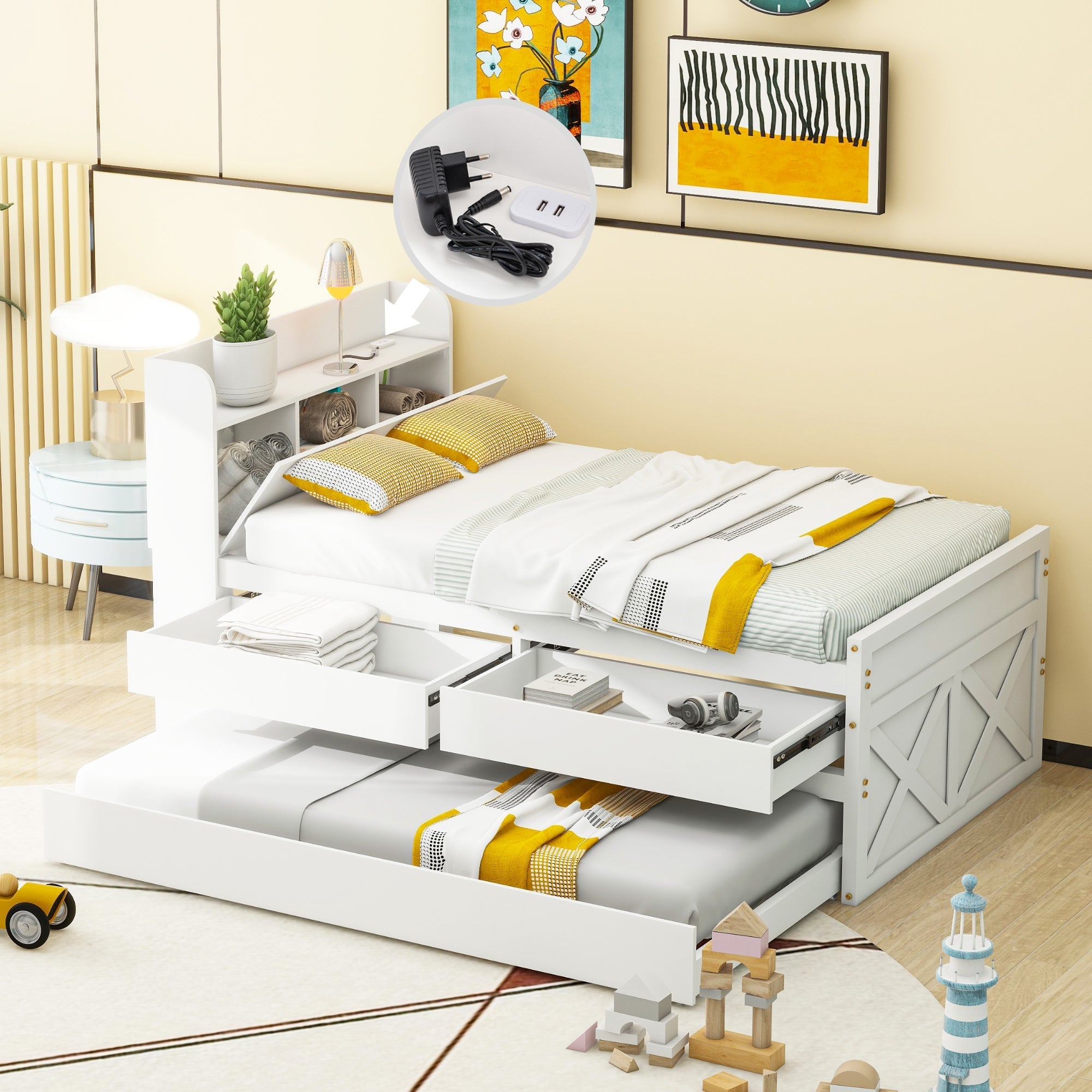 Single Bed 90x190cm Multifunctional Pull-out Drawer Bedside Table USB - Solid Pine Wood White