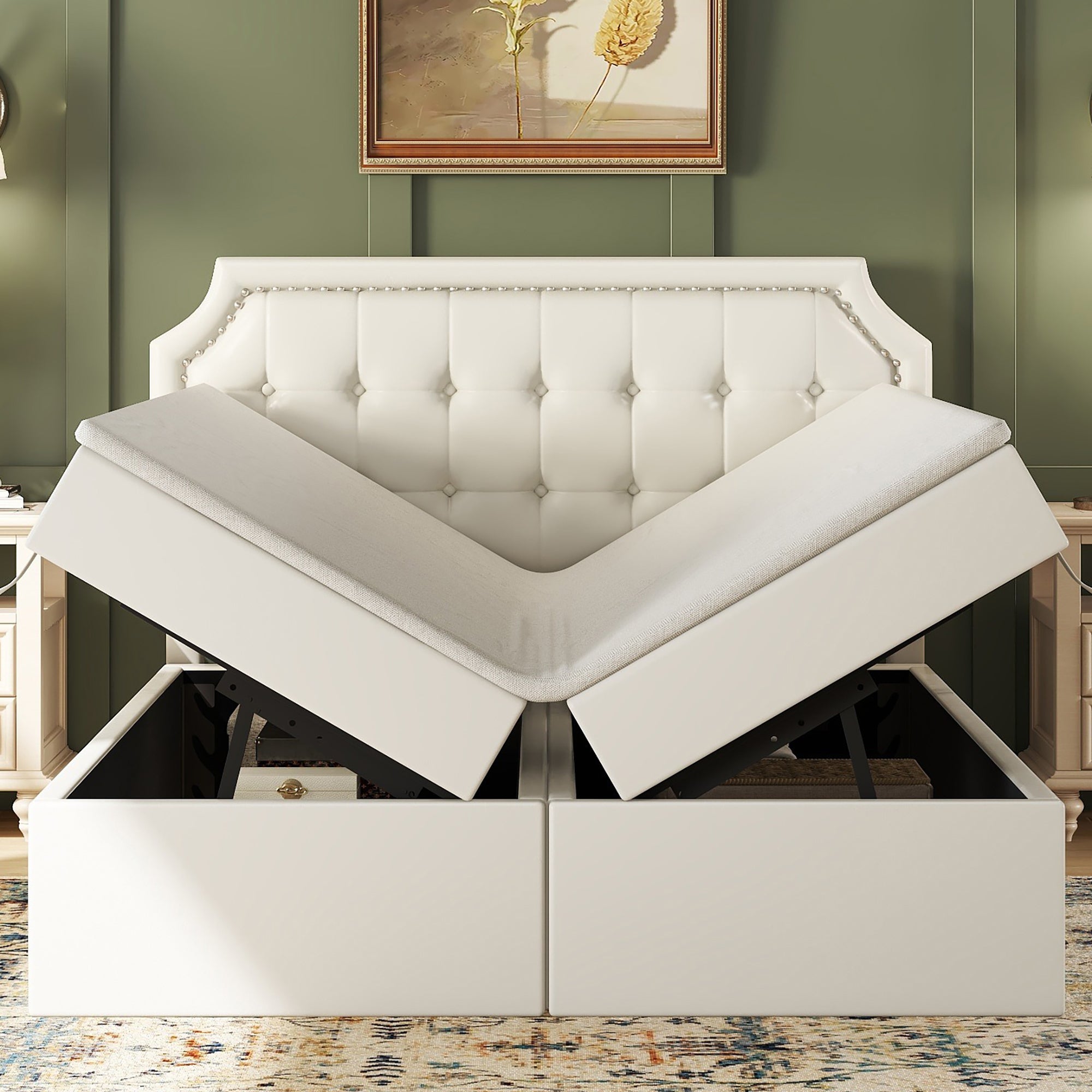 Upholstered Bed 140x200cm Double Hydraulic Storage Metal Frame White