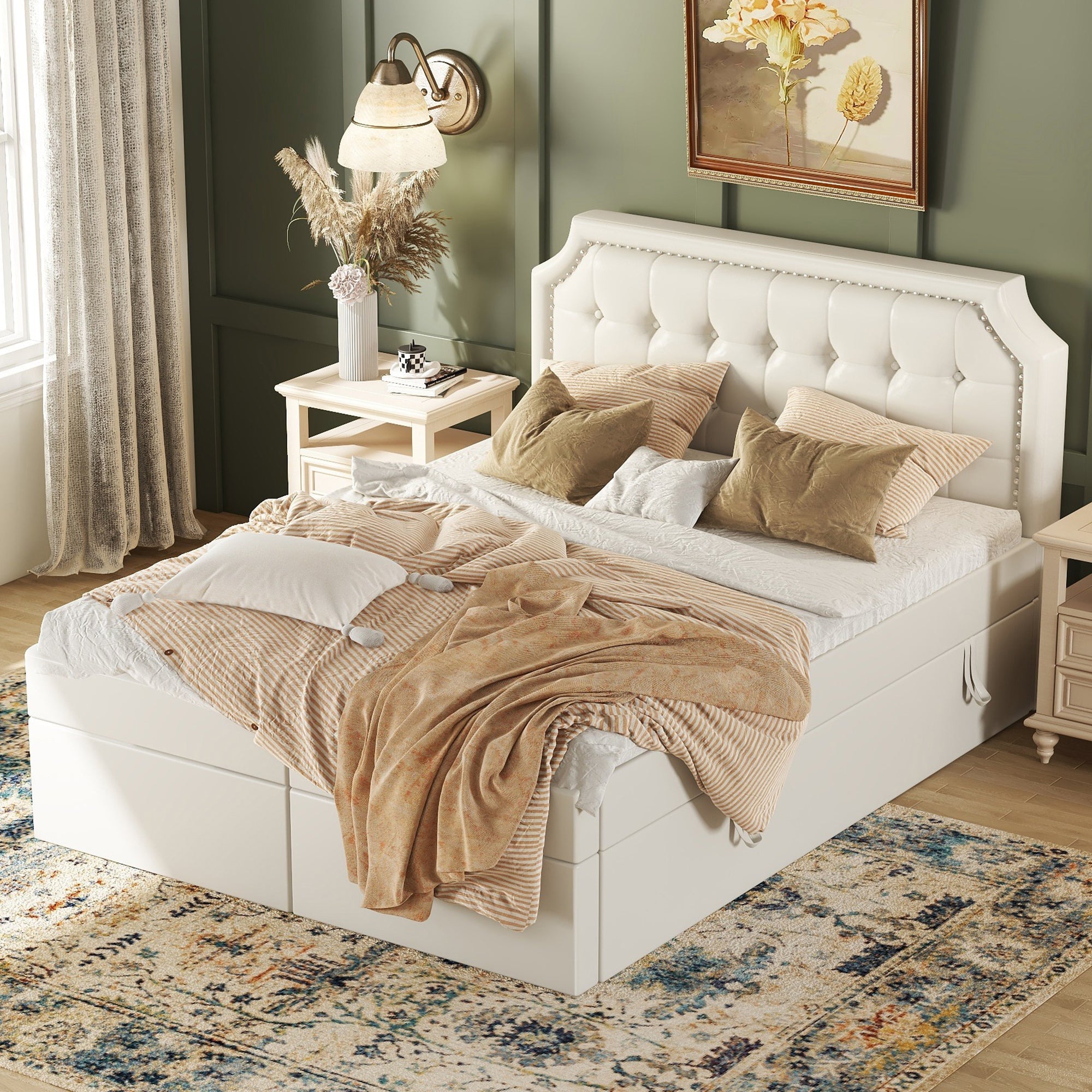 Upholstered Bed 140x200cm Double Hydraulic Storage Metal Frame White