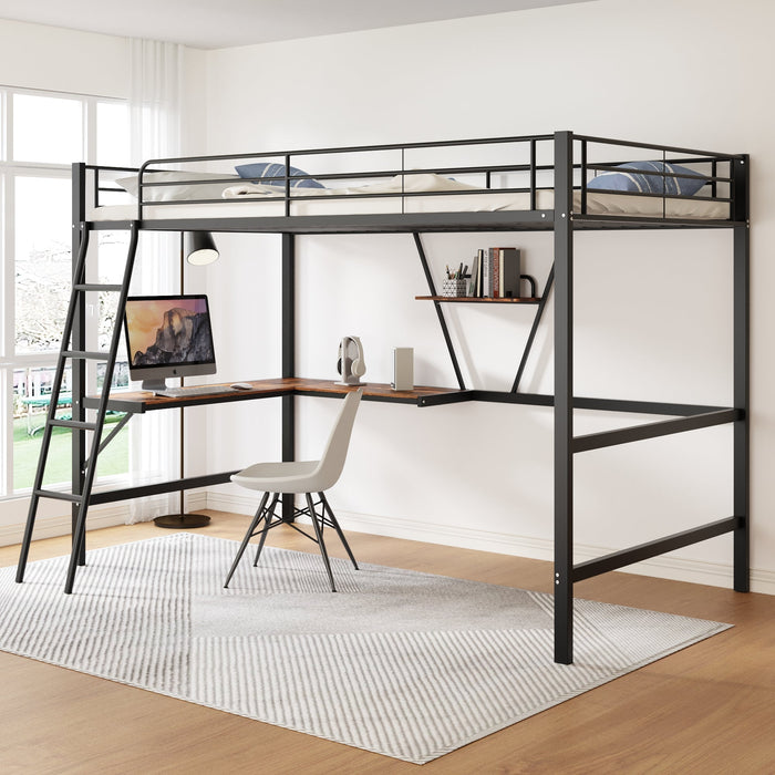 Loft Bed 90x200cm with L-shaped Desk and Shelf Metal Black