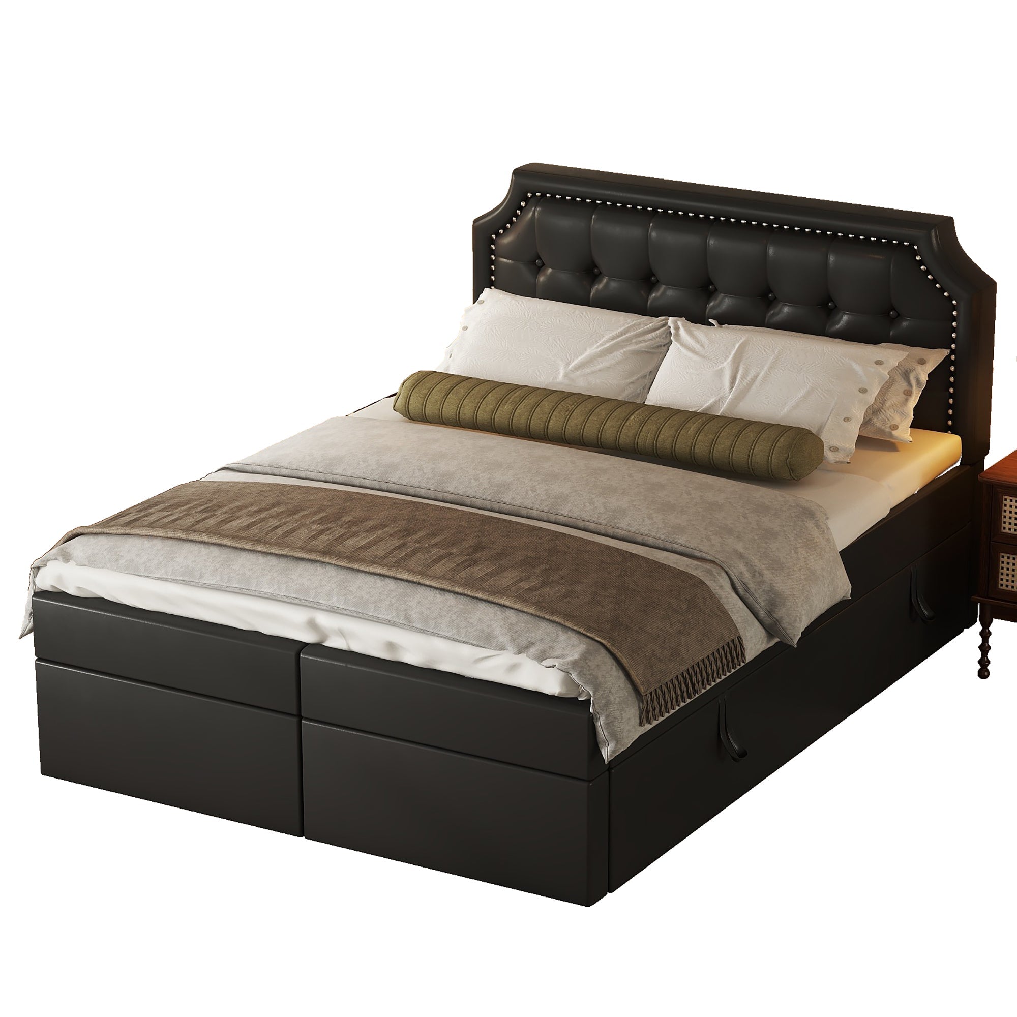 Upholstered Double Bed, 140x200cm Storage Slatted Base, Black