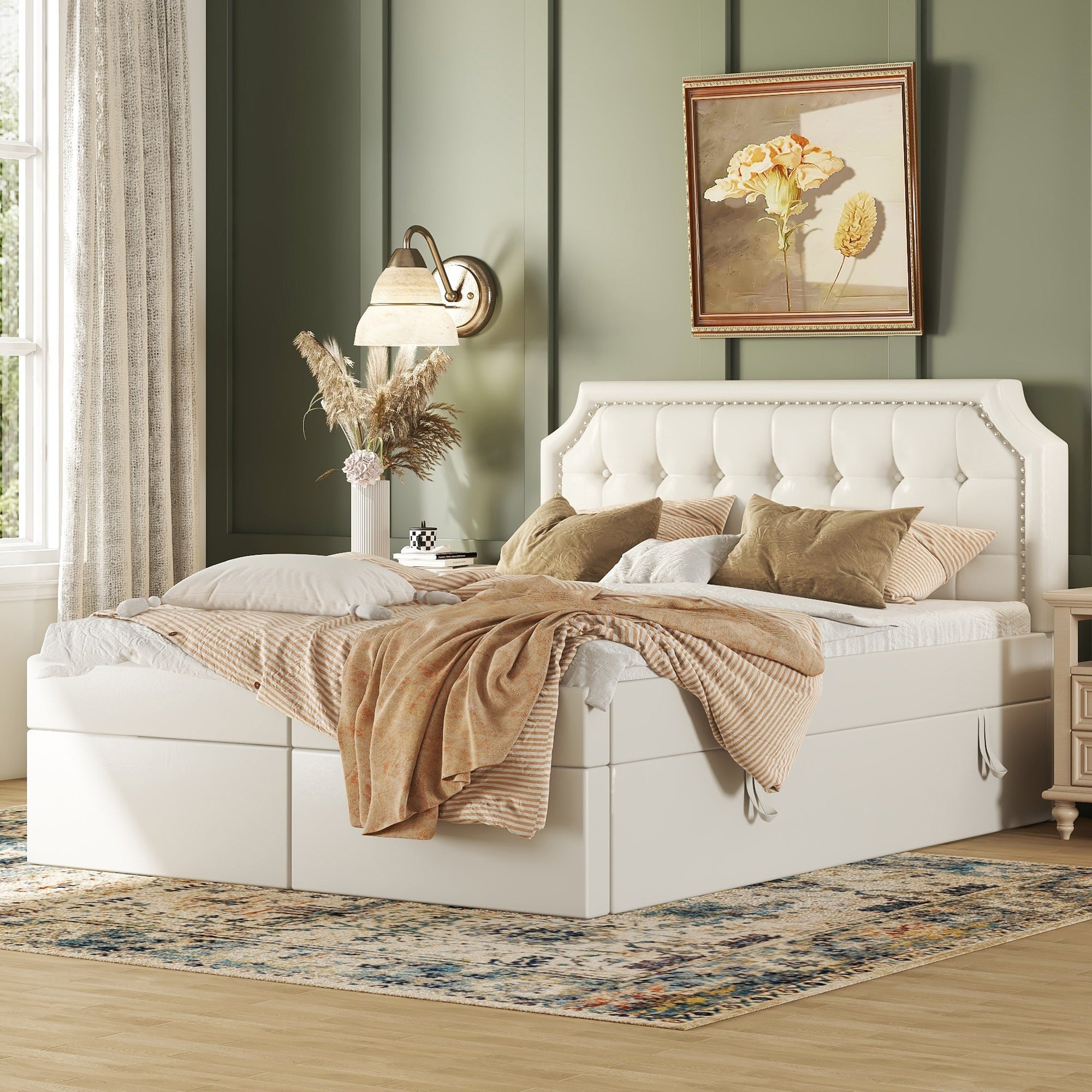 Upholstered Bed 140x200cm Double Hydraulic Storage Metal Frame White