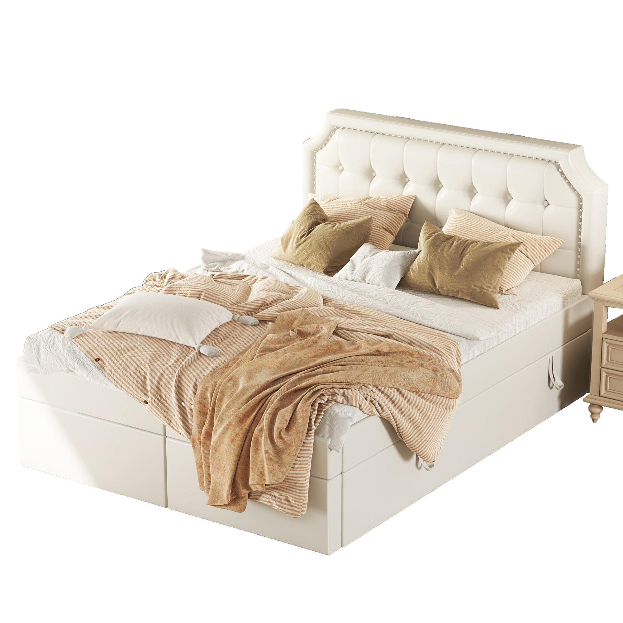 Upholstered Bed 140x200cm Double Hydraulic Storage Metal Frame White