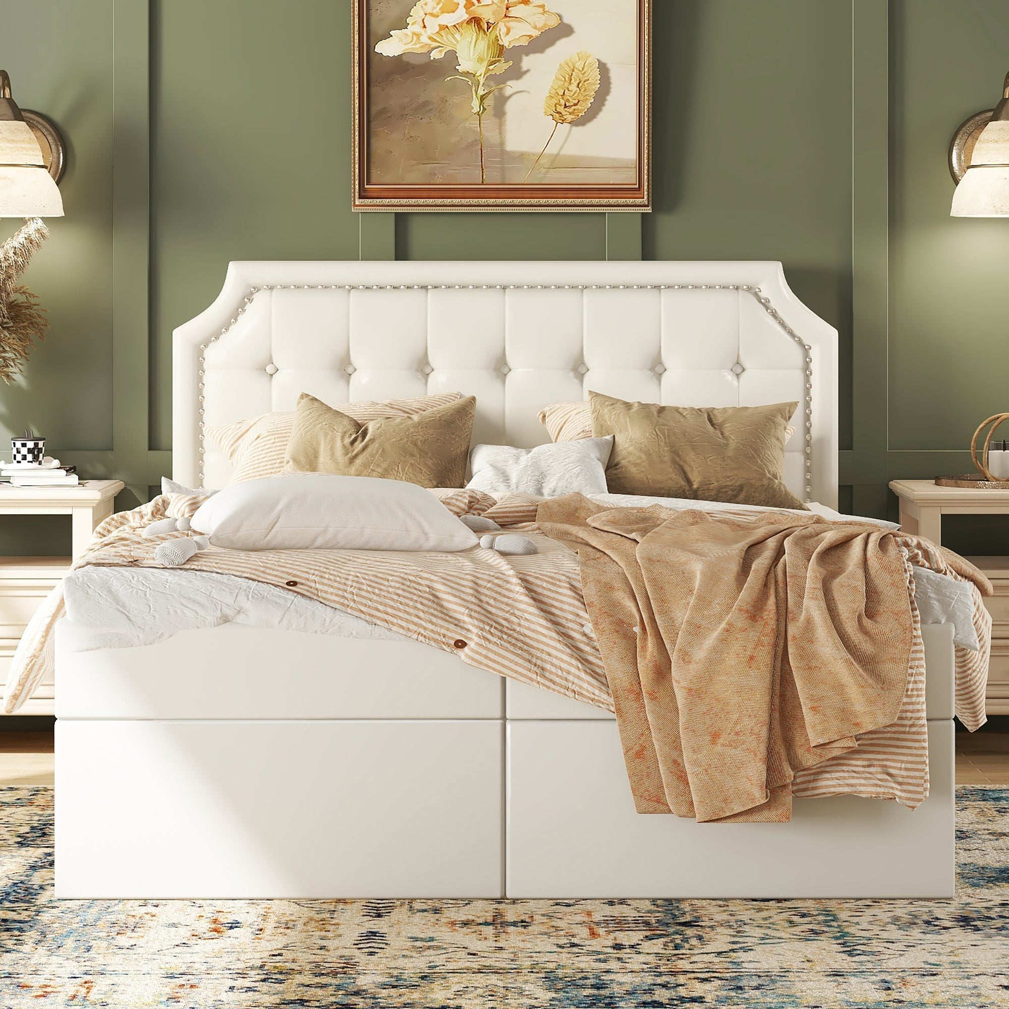 Upholstered Bed 140x200cm Double Hydraulic Storage Metal Frame White
