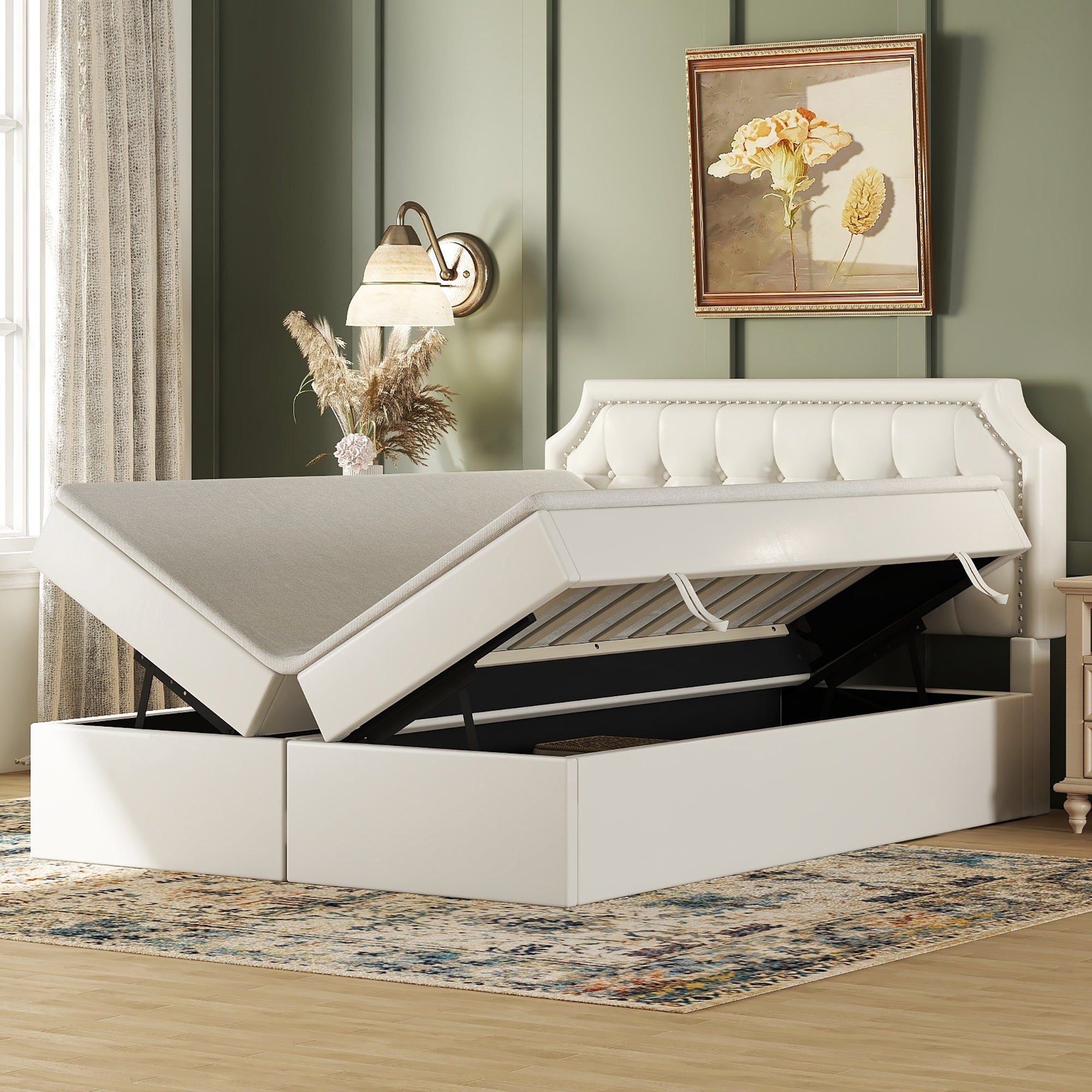 Upholstered Bed 140x200cm Double Hydraulic Storage Metal Frame White