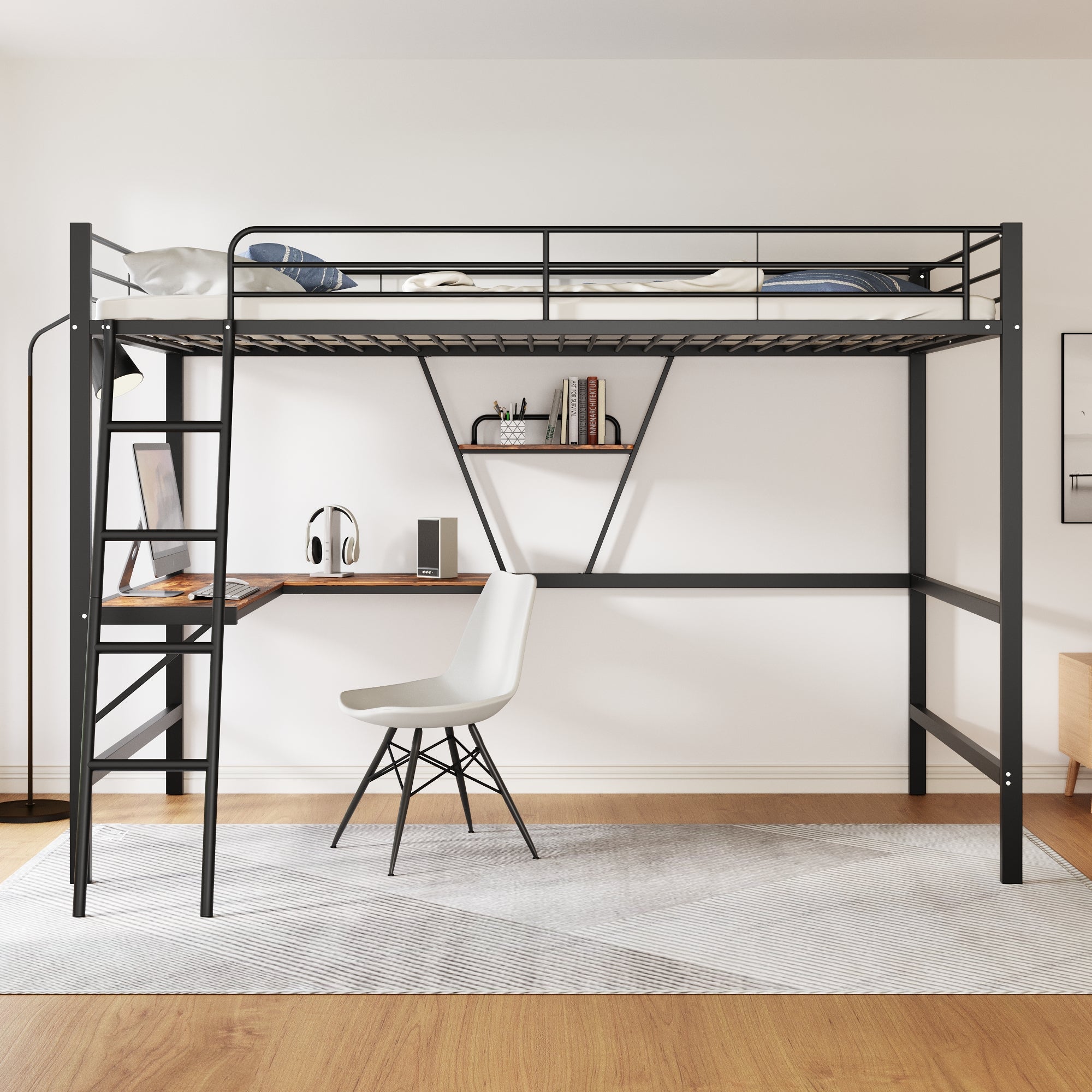 Loft Bed 90x200cm with L-shaped Desk and Shelf Metal Black