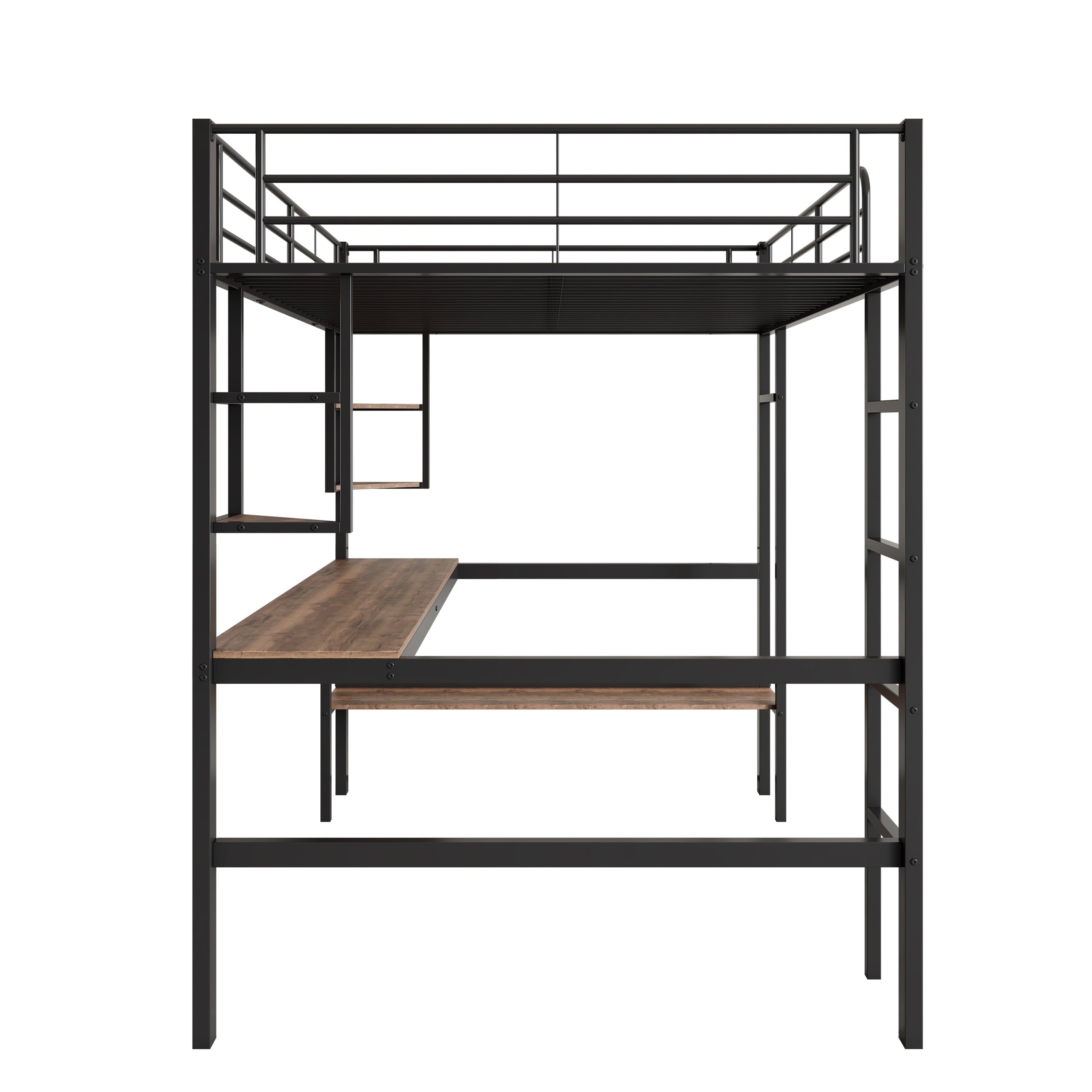 Loft Bed 90x200cm Metal Frame Desk & Bookcase - Black