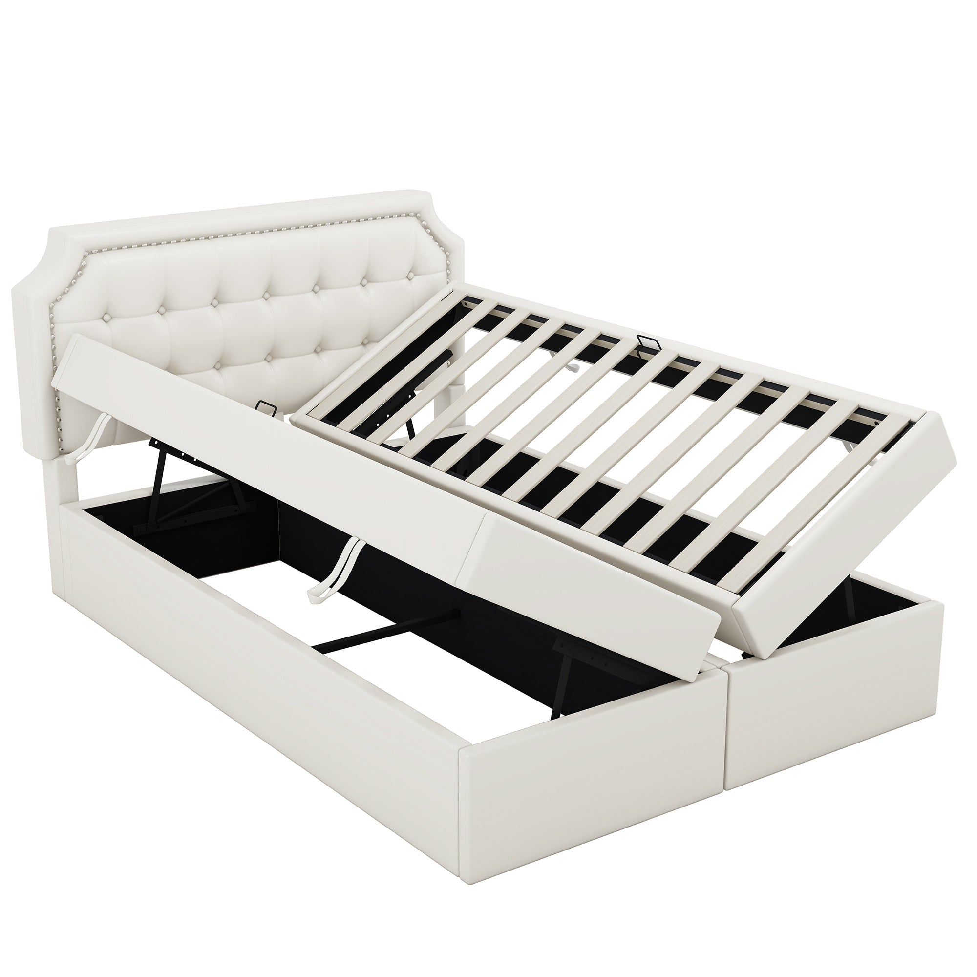 Upholstered Bed 140x200cm Double Hydraulic Storage Metal Frame White