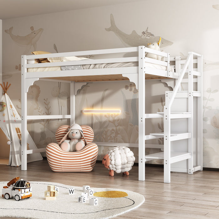 Loft Bed 140x200cm Steps Wardrobe Storage - White