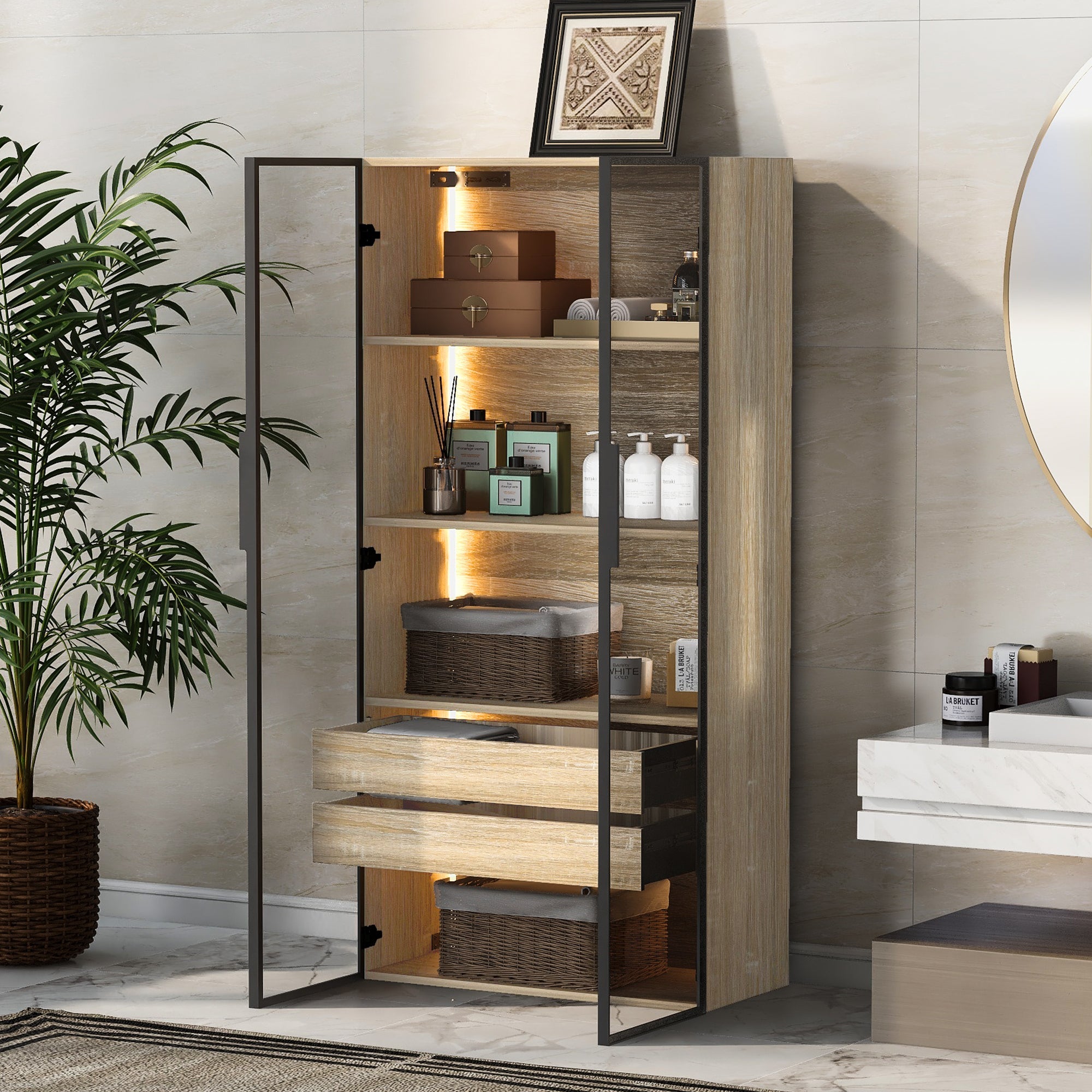 Bathroom Cabinet, 73cm, 2 Drawers & 2 Doors, Glass