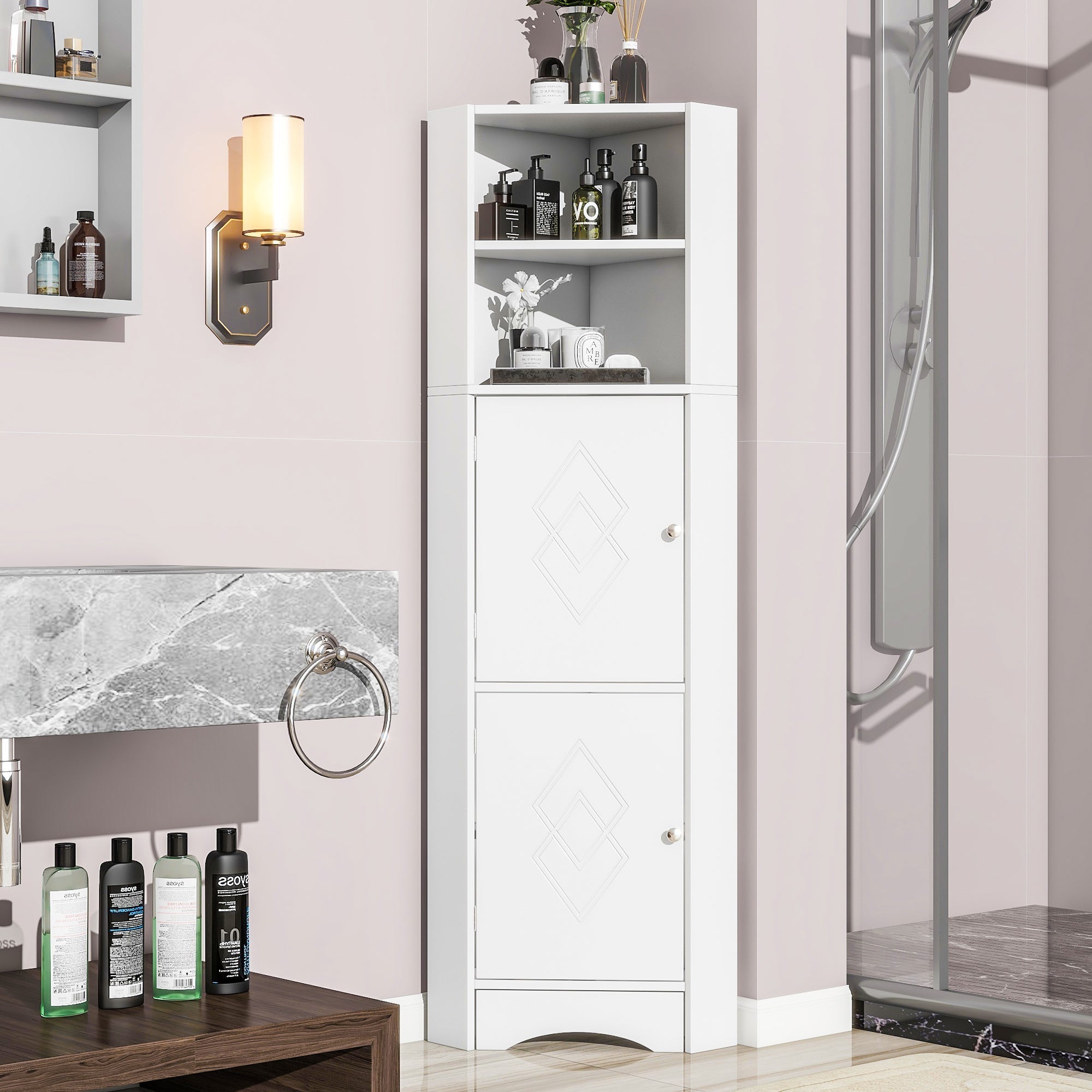 Bathroom Cabinet, Corner with Adjustable Shelf & Storage, White