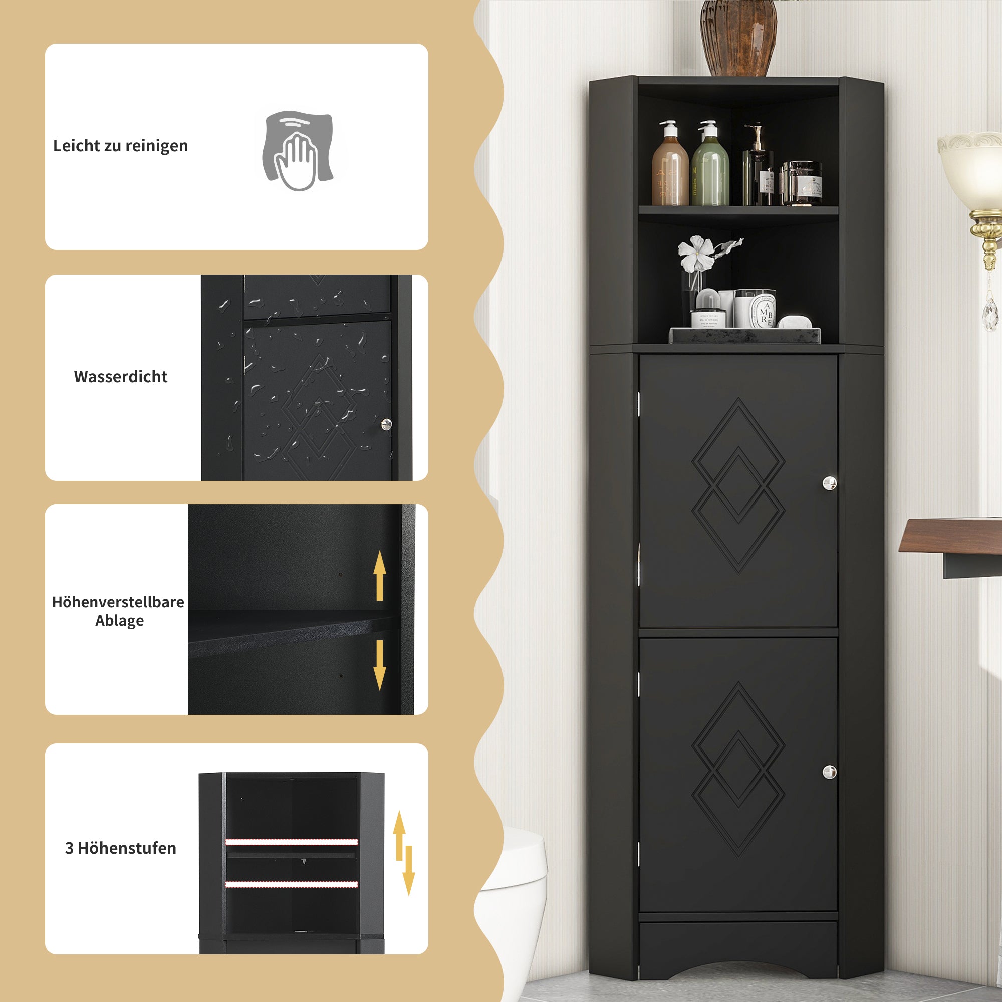 Bathroom Corner Cabinet with 2 Storage, Open & Adjustable Shelf, Black