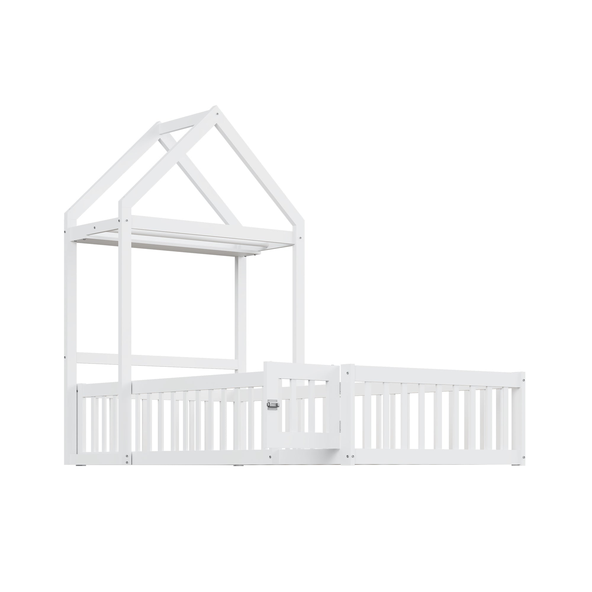 Children's Bed 90x200, Solid Wood Frame with Storage, Full Safety Gate & Slatted Frame, White