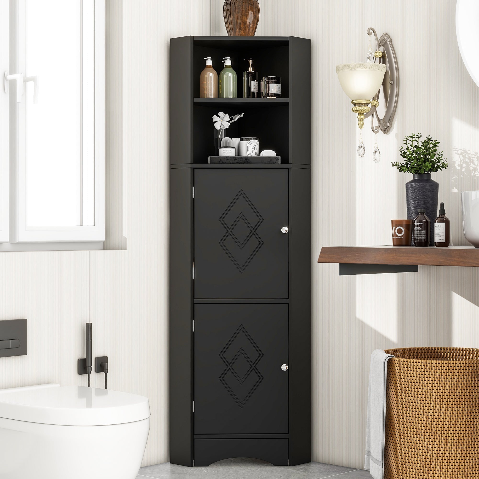 Bathroom Corner Cabinet with 2 Storage, Open & Adjustable Shelf, Black