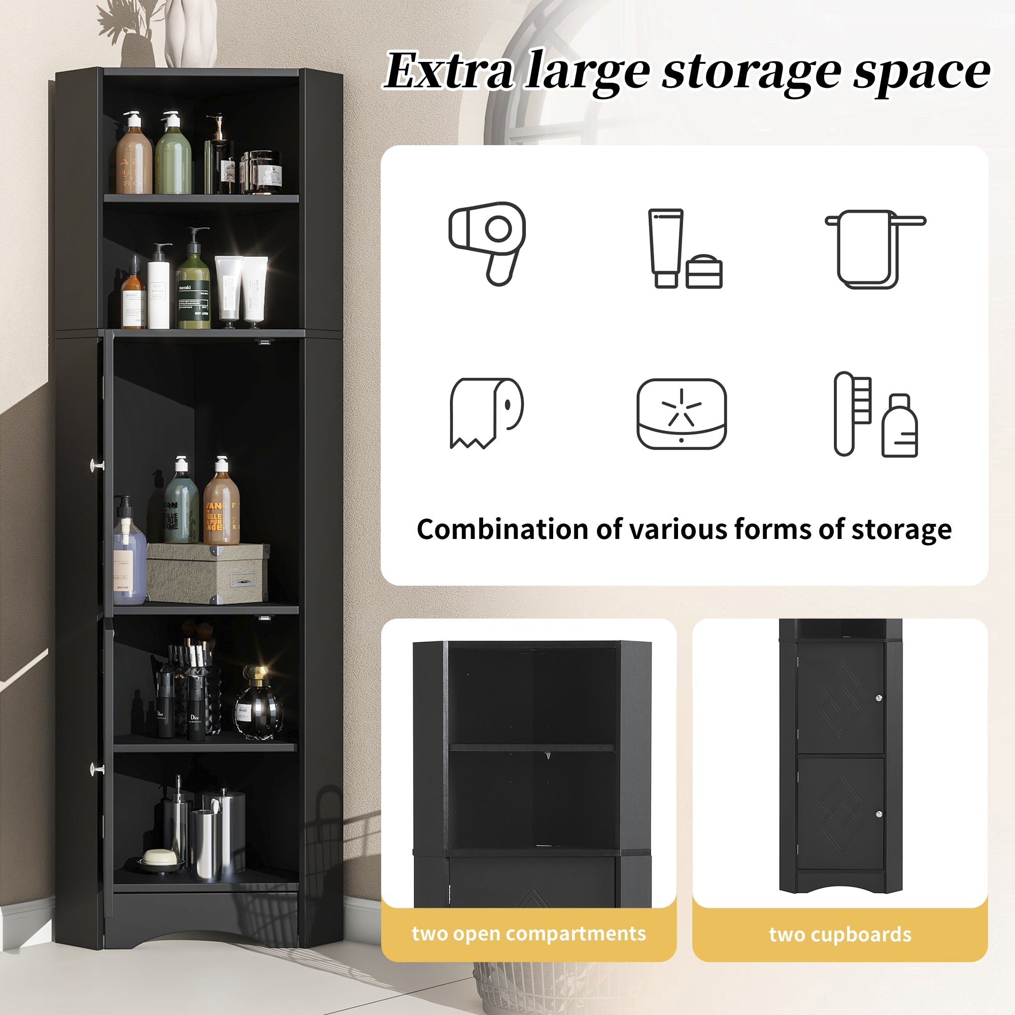 Bathroom Corner Cabinet with 2 Storage, Open & Adjustable Shelf, Black