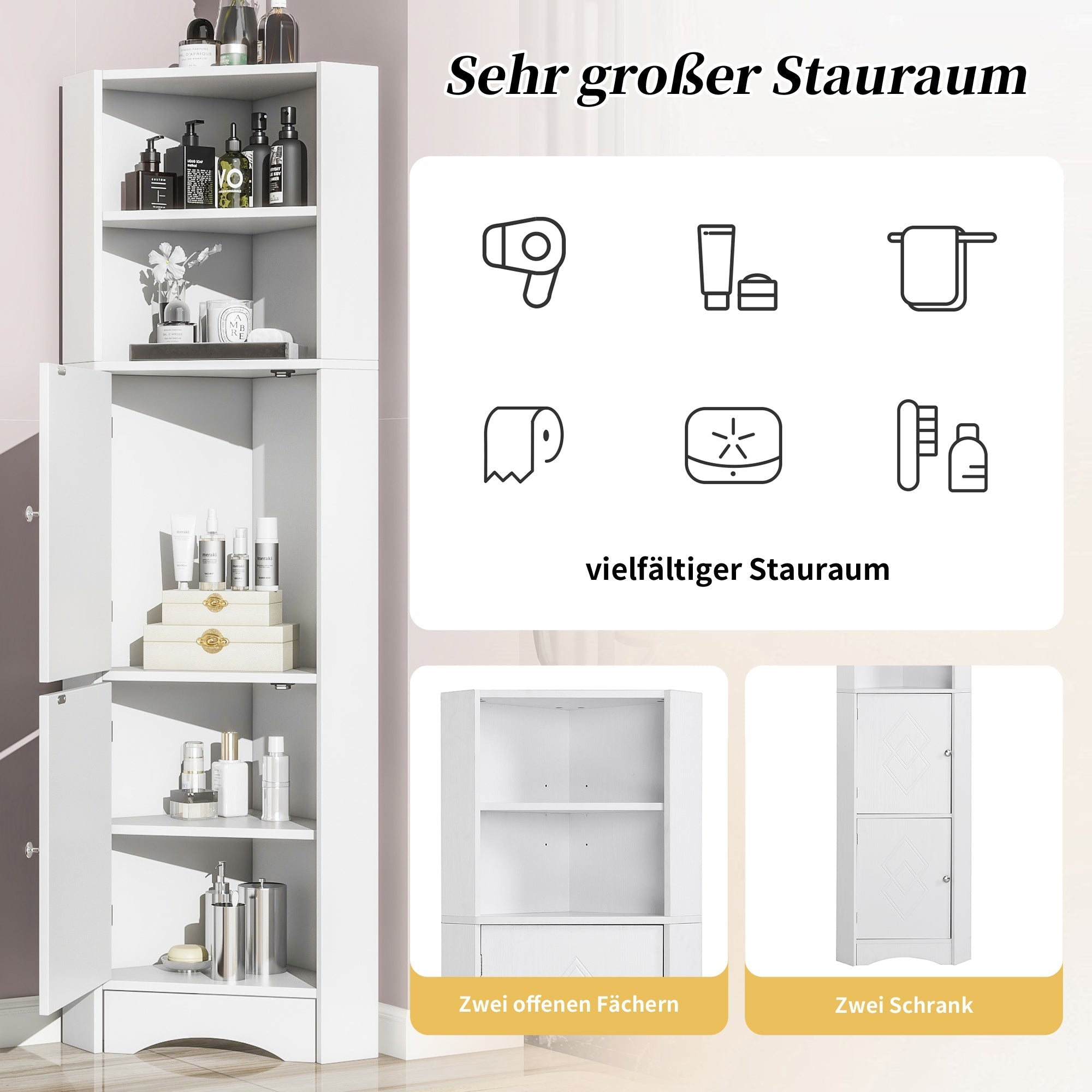Bathroom Cabinet, Corner with Adjustable Shelf & Storage, White