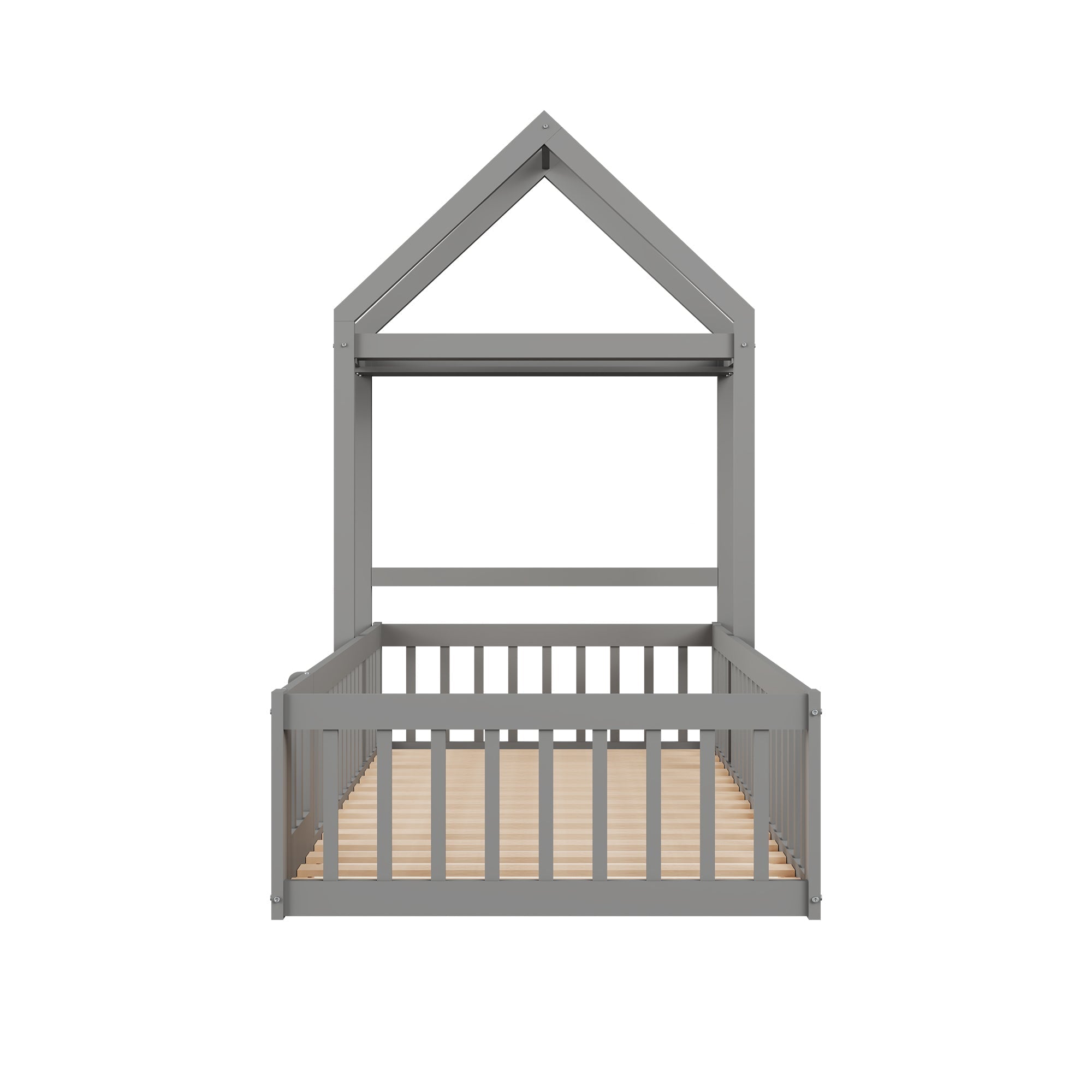 Children's Bed Frame 90x200cm, Solid Wood with Storage & Safety Gate, Grey