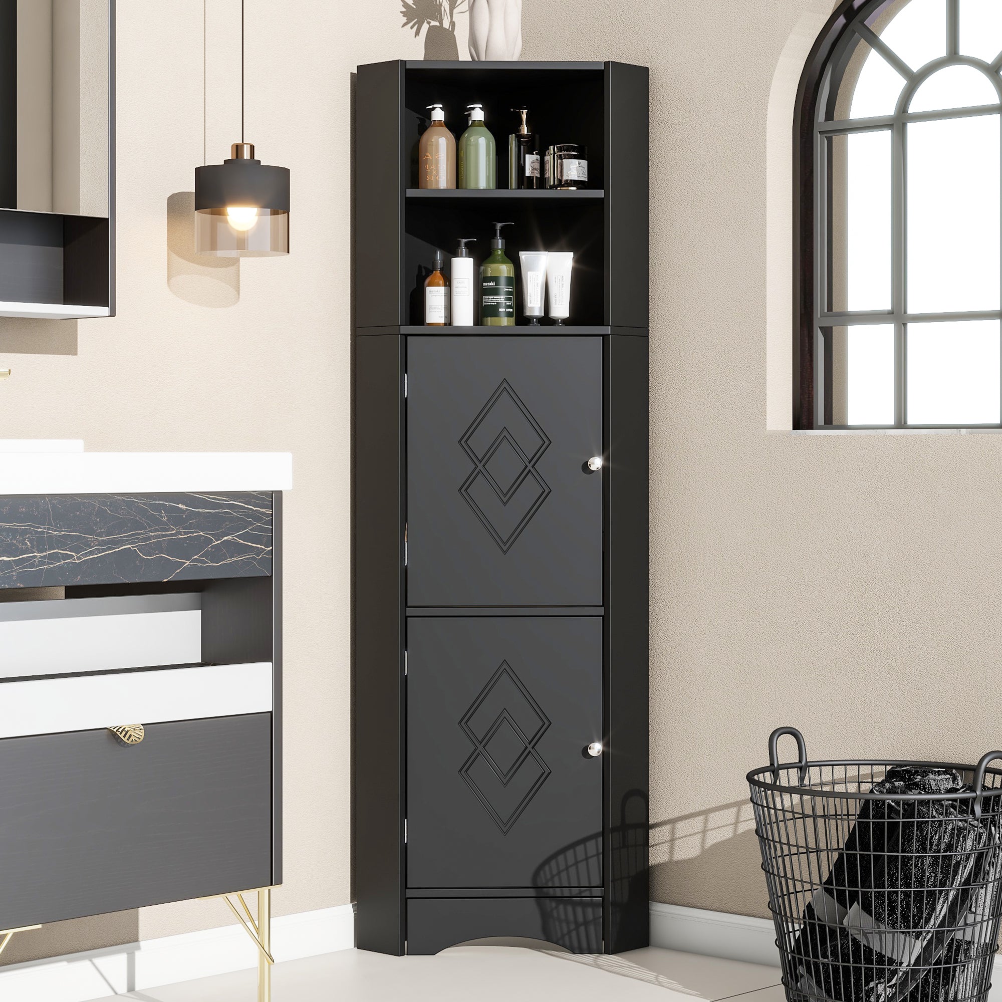 Bathroom Corner Cabinet with 2 Storage, Open & Adjustable Shelf, Black