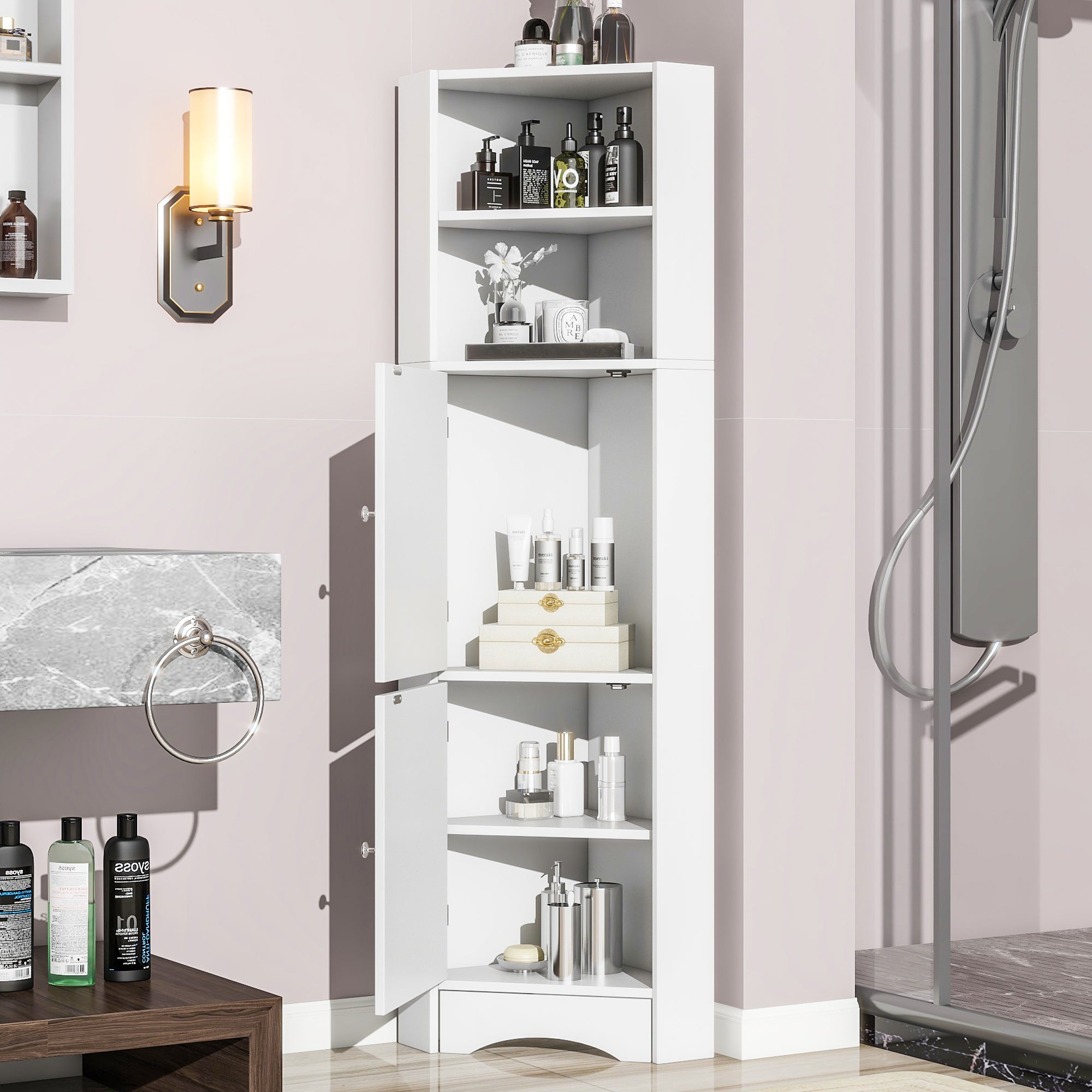 Bathroom Cabinet, Corner with Adjustable Shelf & Storage, White