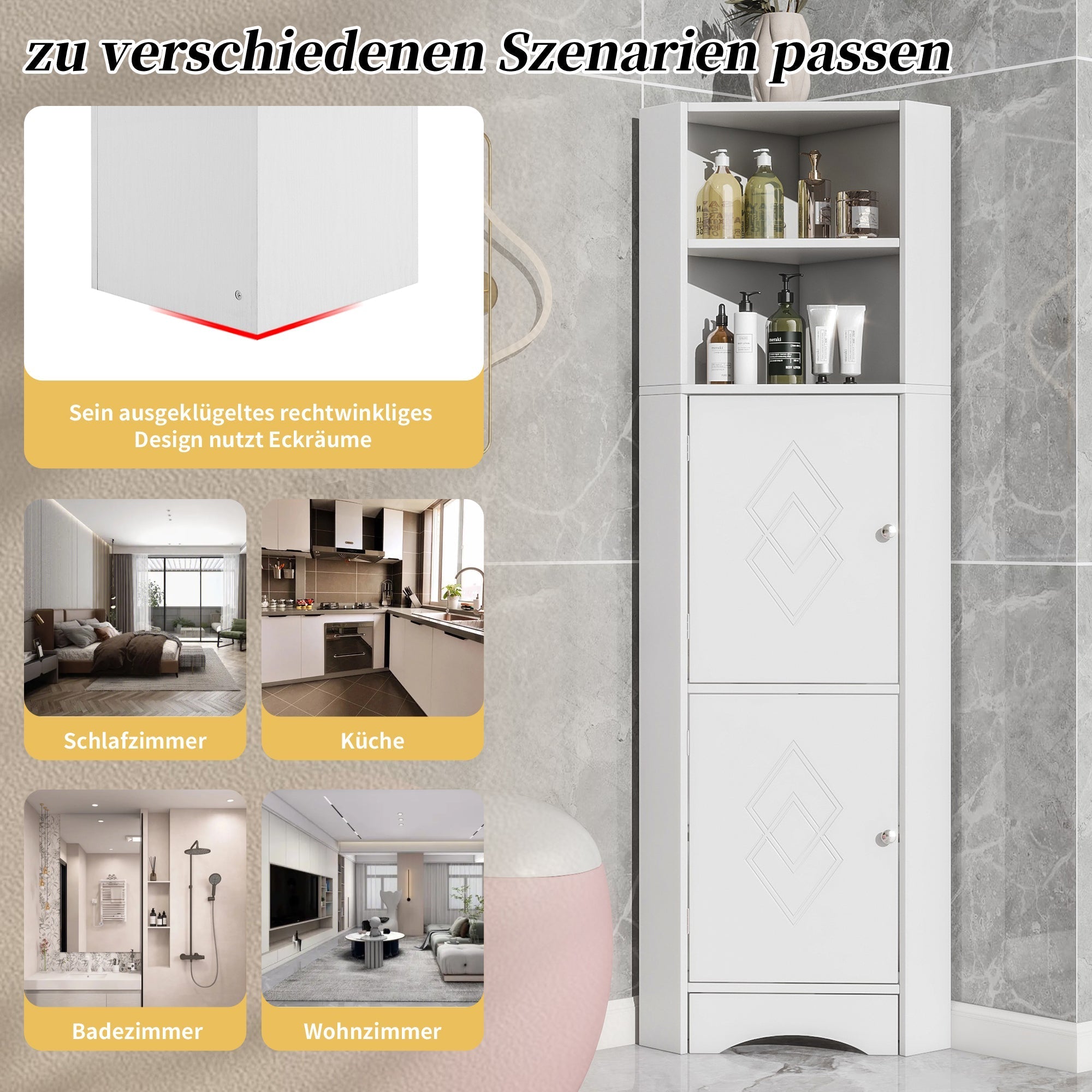 Bathroom Cabinet, Corner with Adjustable Shelf & Storage, White
