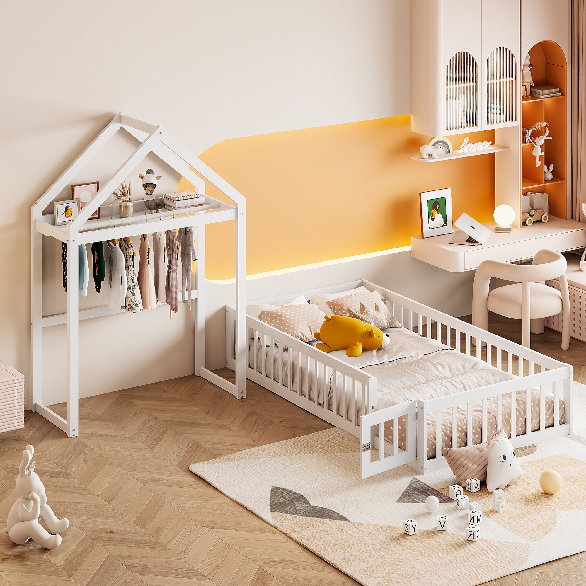 Children's Bed 90x200, Solid Wood Frame with Storage, Full Safety Gate & Slatted Frame, White
