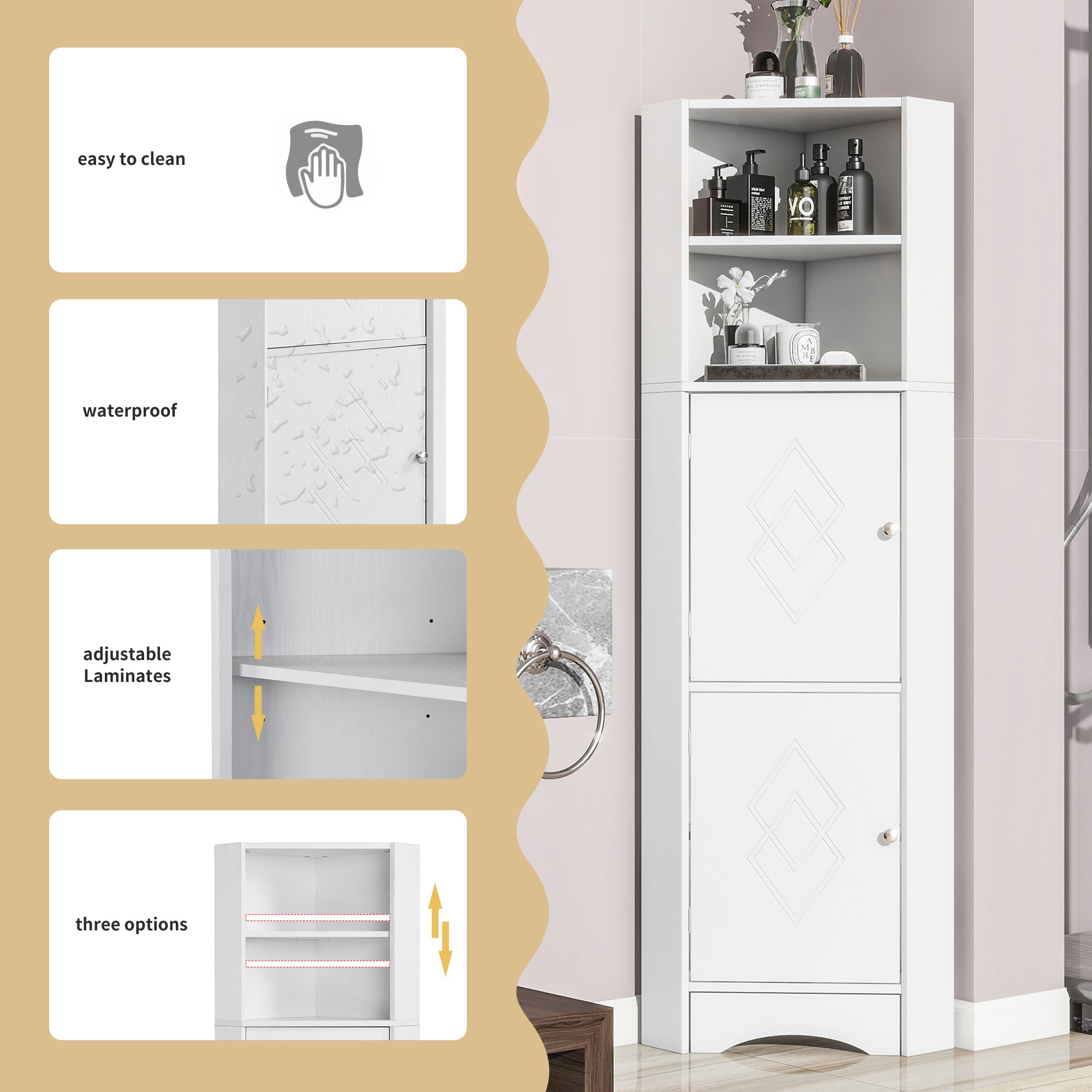 Bathroom Cabinet, Corner with Adjustable Shelf & Storage, White