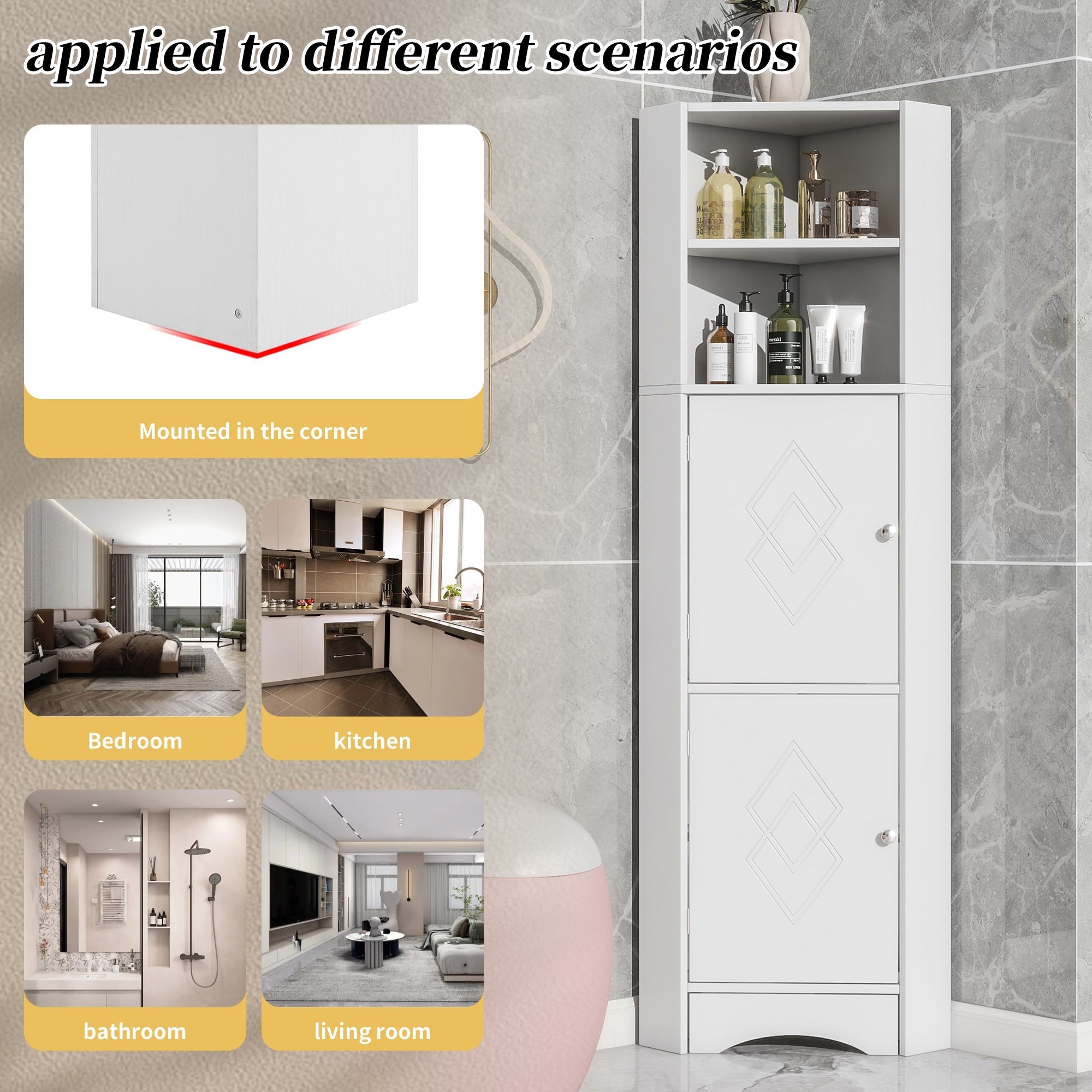 Bathroom Cabinet, Corner with Adjustable Shelf & Storage, White