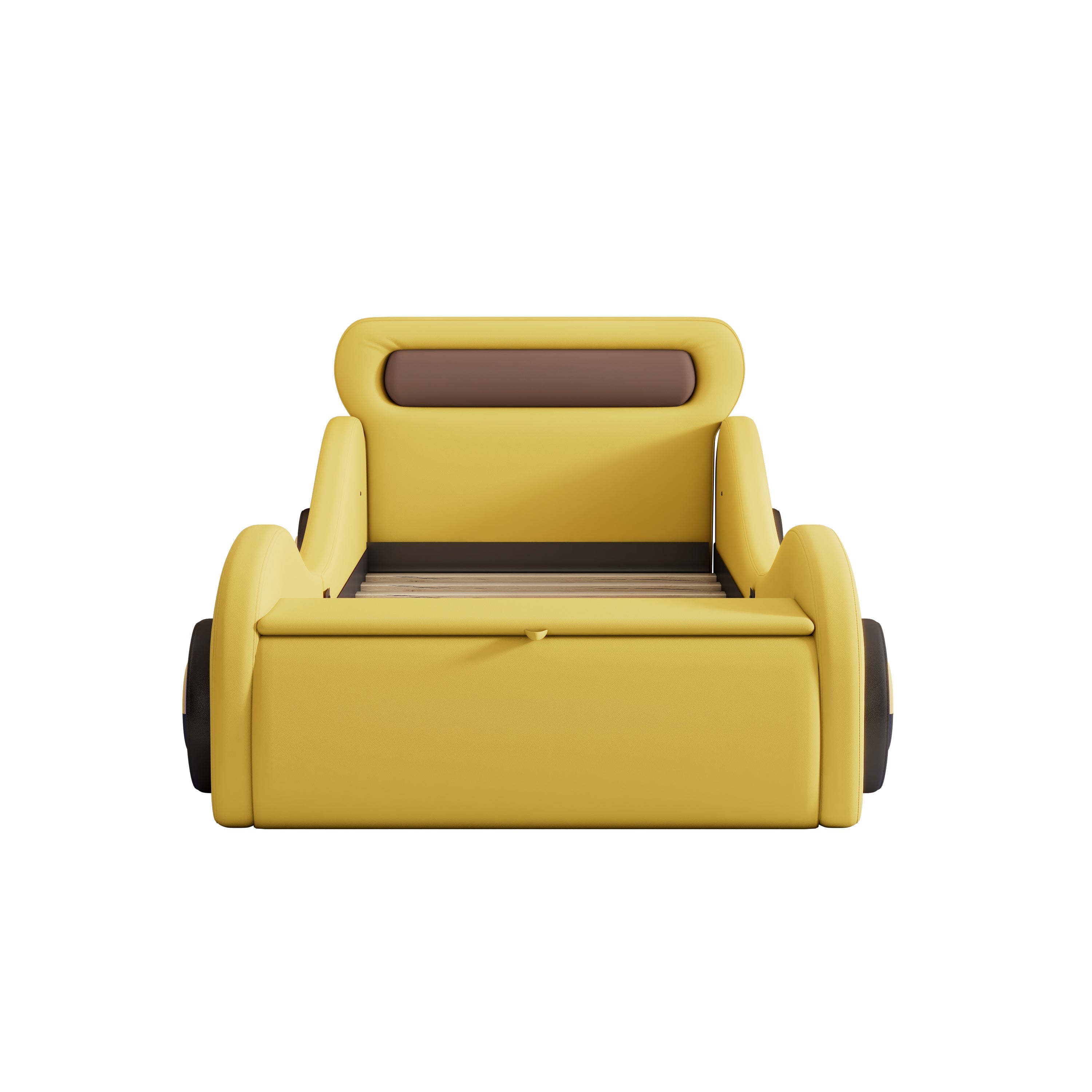 Car-Shaped Upholstered Bed with Light-Up Wheels and Storage, 90x200cm, Yellow PU
