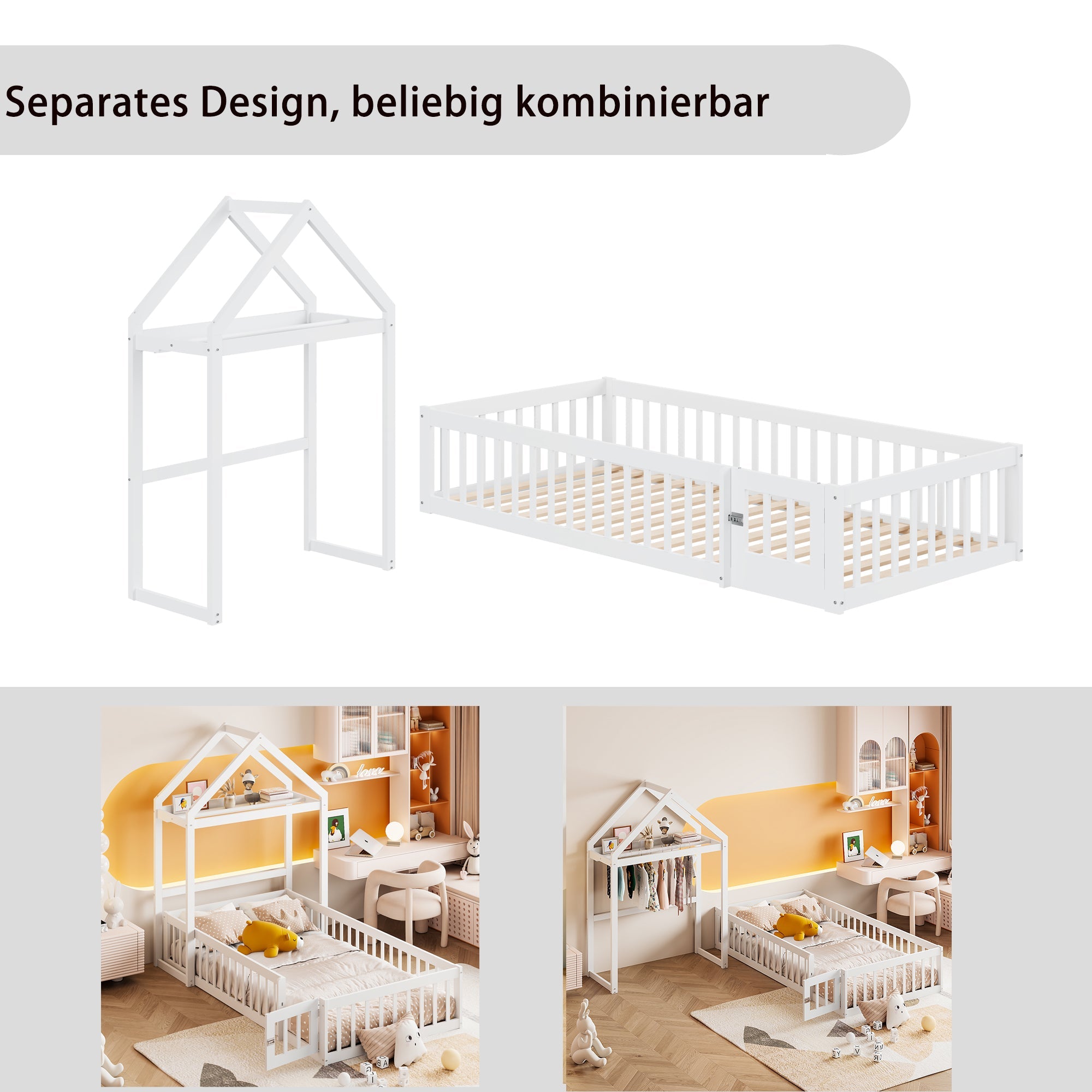 Children's Bed 90x200, Solid Wood Frame with Storage, Full Safety Gate & Slatted Frame, White