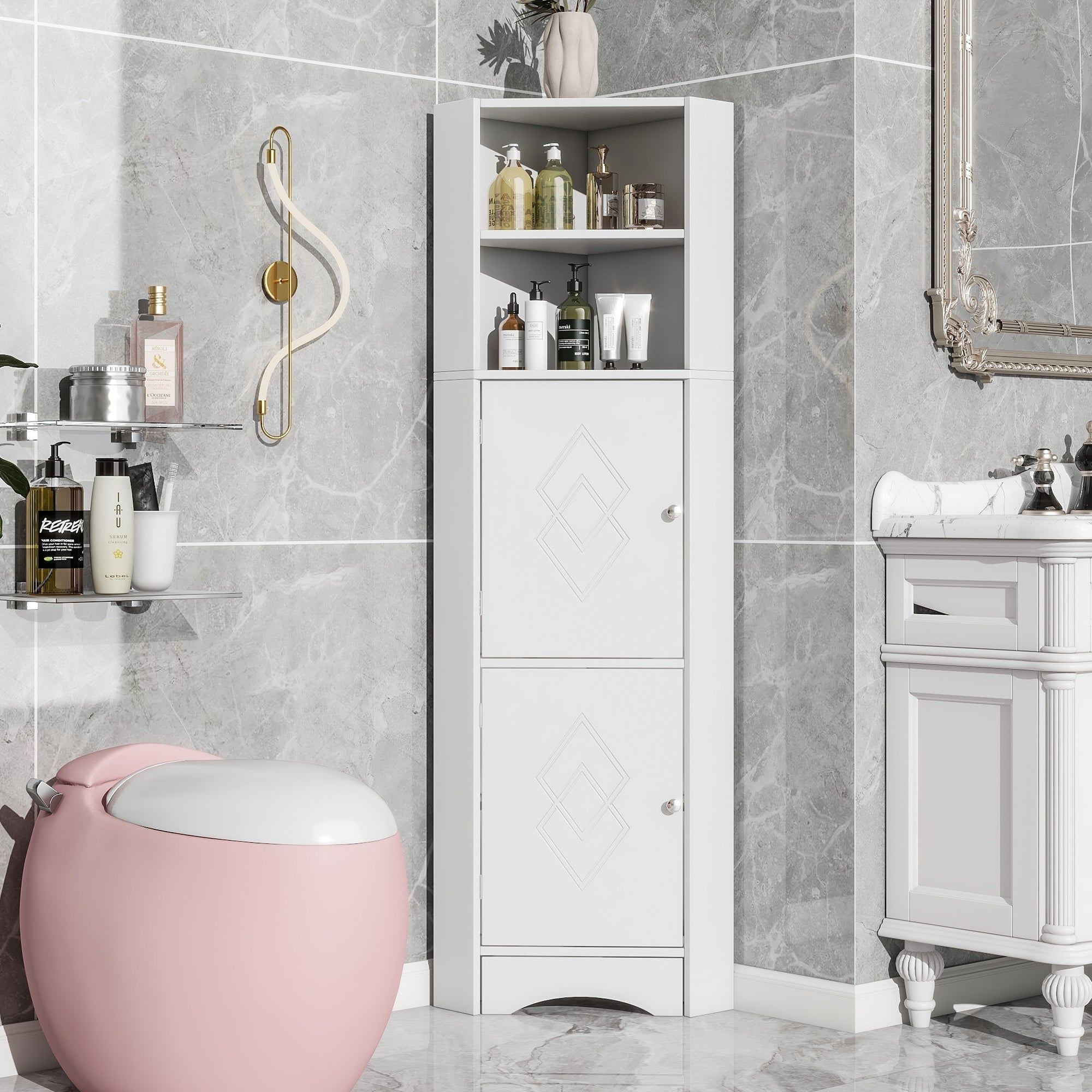 Bathroom Cabinet, Corner with Adjustable Shelf & Storage, White