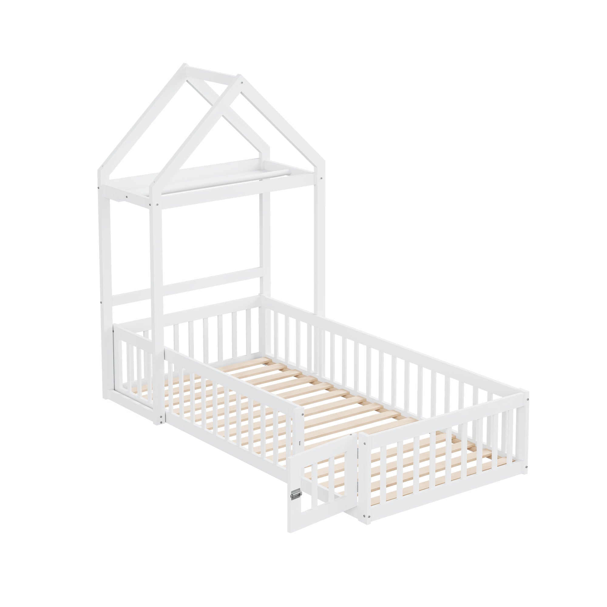 Children's Bed 90x200, Solid Wood Frame with Storage, Full Safety Gate & Slatted Frame, White