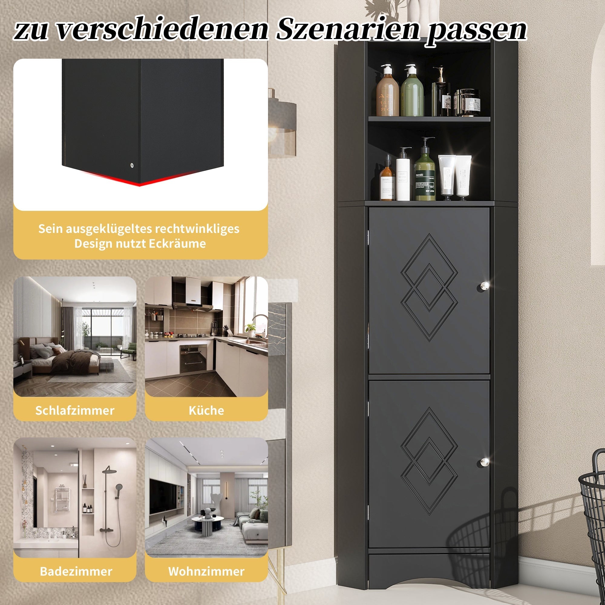 Bathroom Corner Cabinet with 2 Storage, Open & Adjustable Shelf, Black