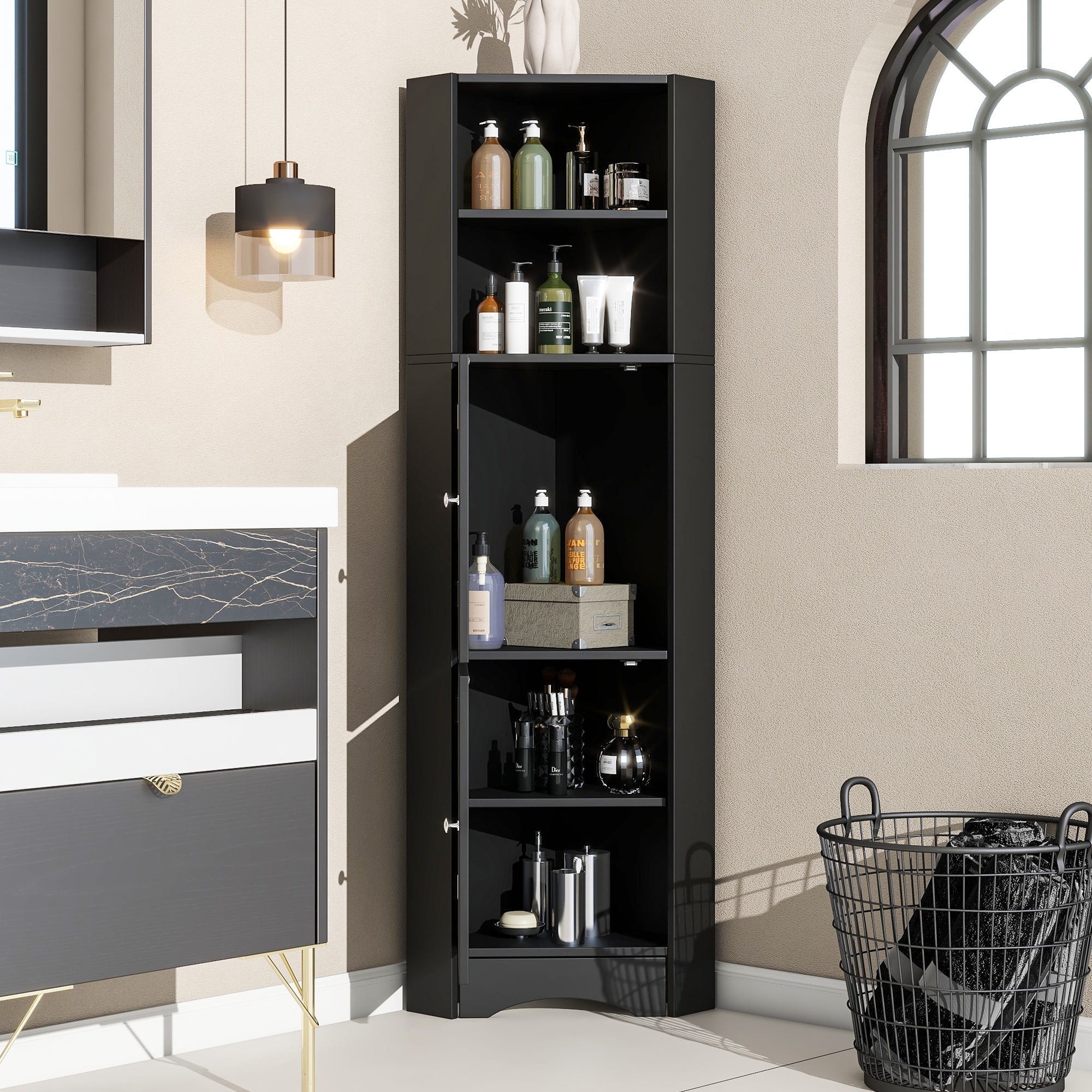 Bathroom Corner Cabinet with 2 Storage, Open & Adjustable Shelf, Black