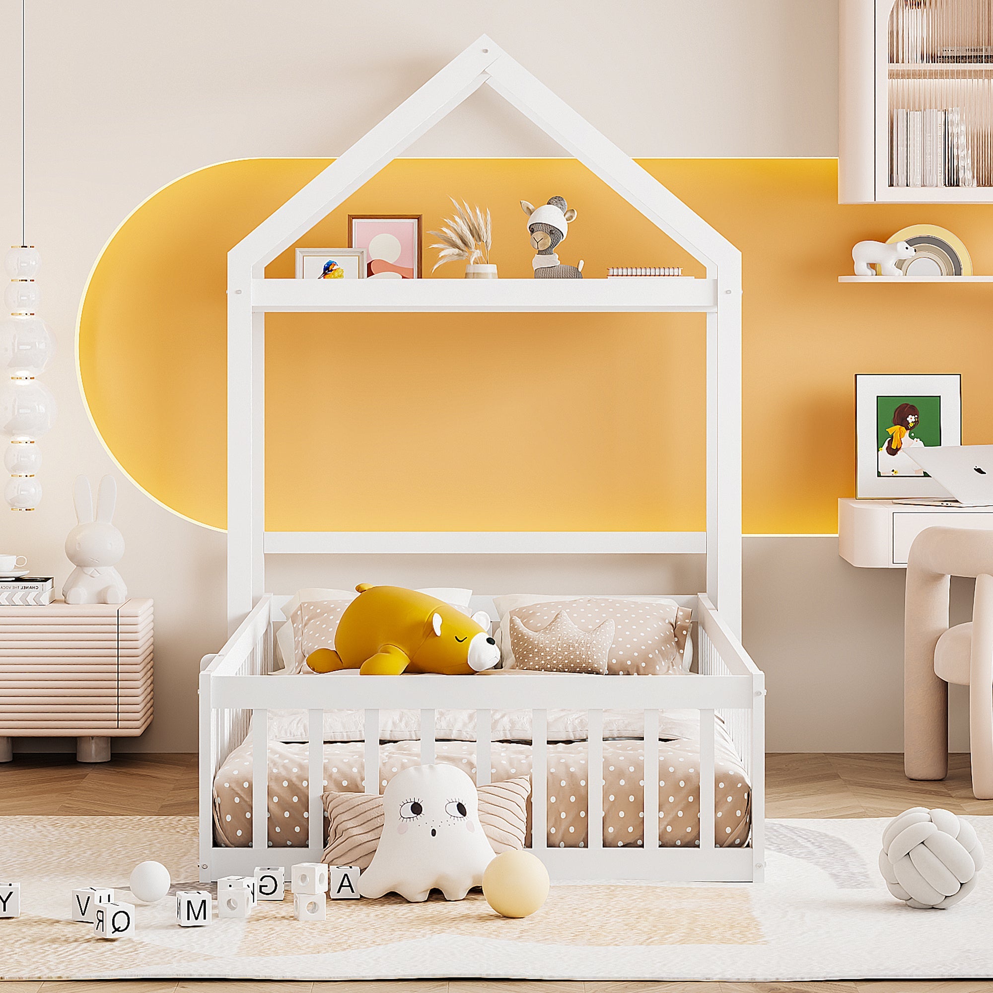 Children's Bed 90x200, Solid Wood Frame with Storage, Full Safety Gate & Slatted Frame, White