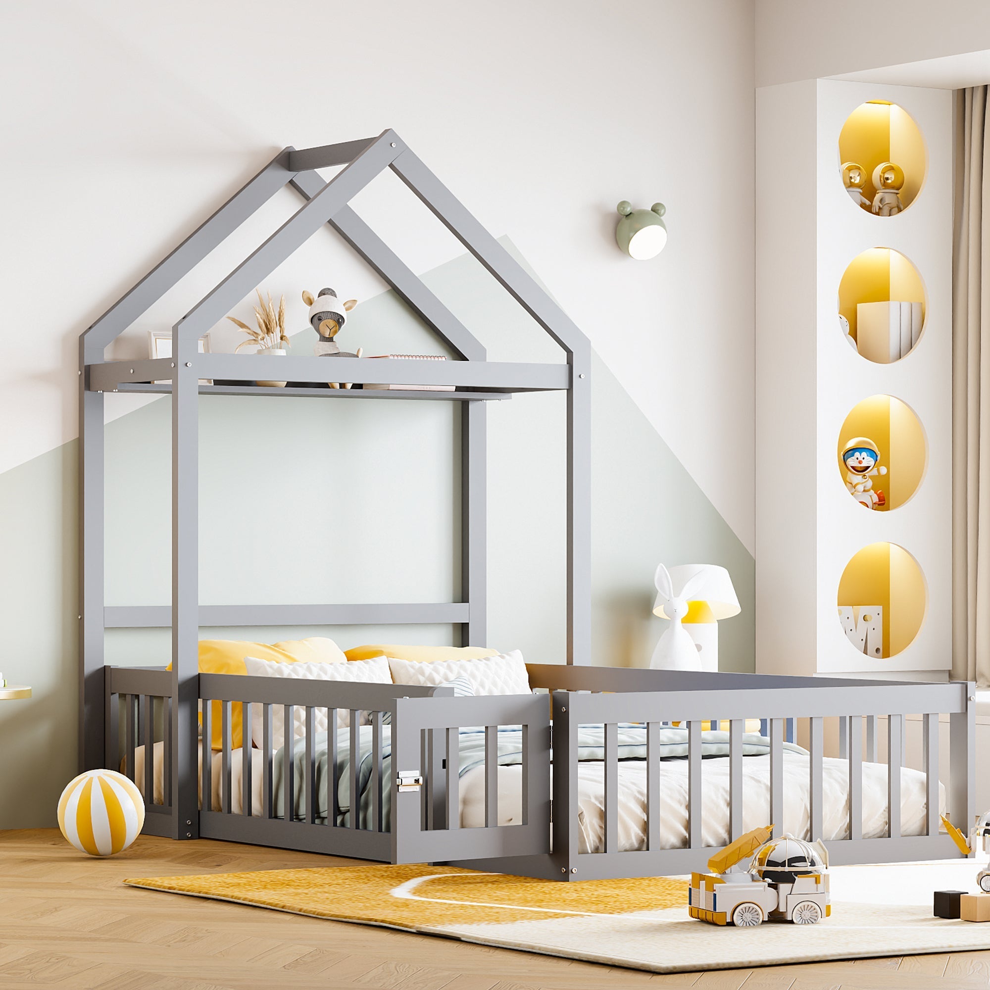 Children's Bed Frame 90x200cm, Solid Wood with Storage & Safety Gate, Grey