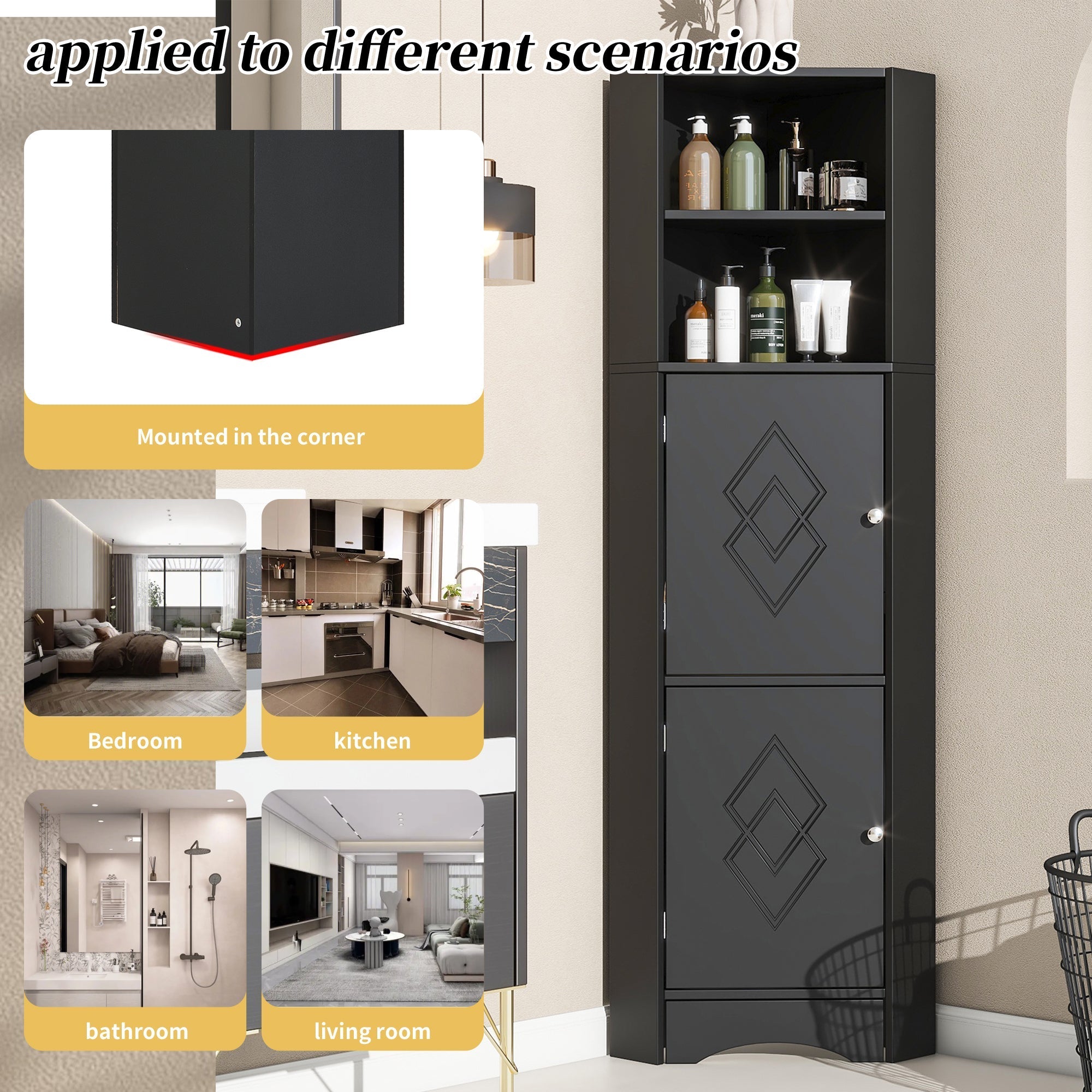 Bathroom Corner Cabinet with 2 Storage, Open & Adjustable Shelf, Black