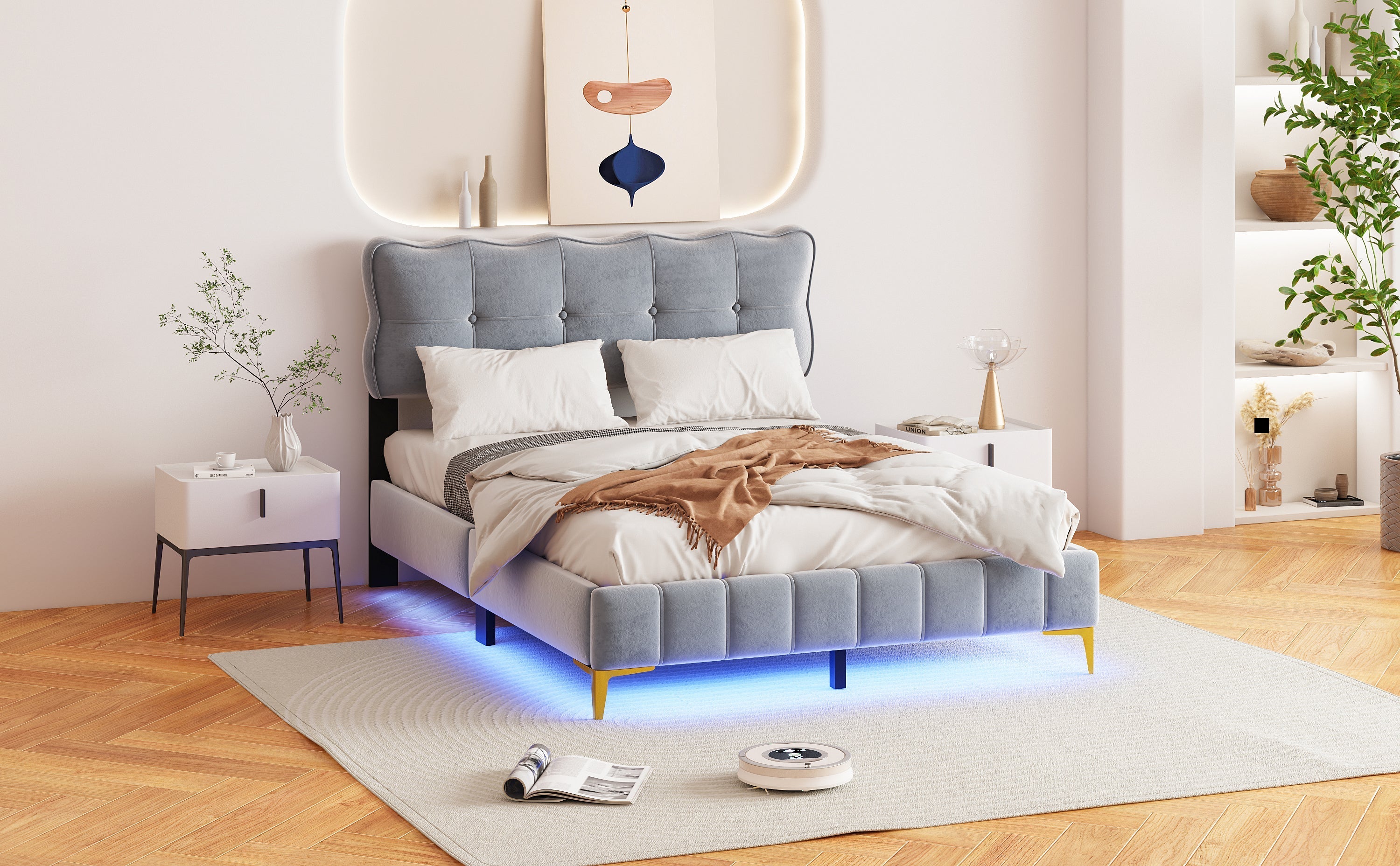 Upholstered Bed, 140x200cm Double with LED & Slatted Frame, Velvet Fabric, Grey