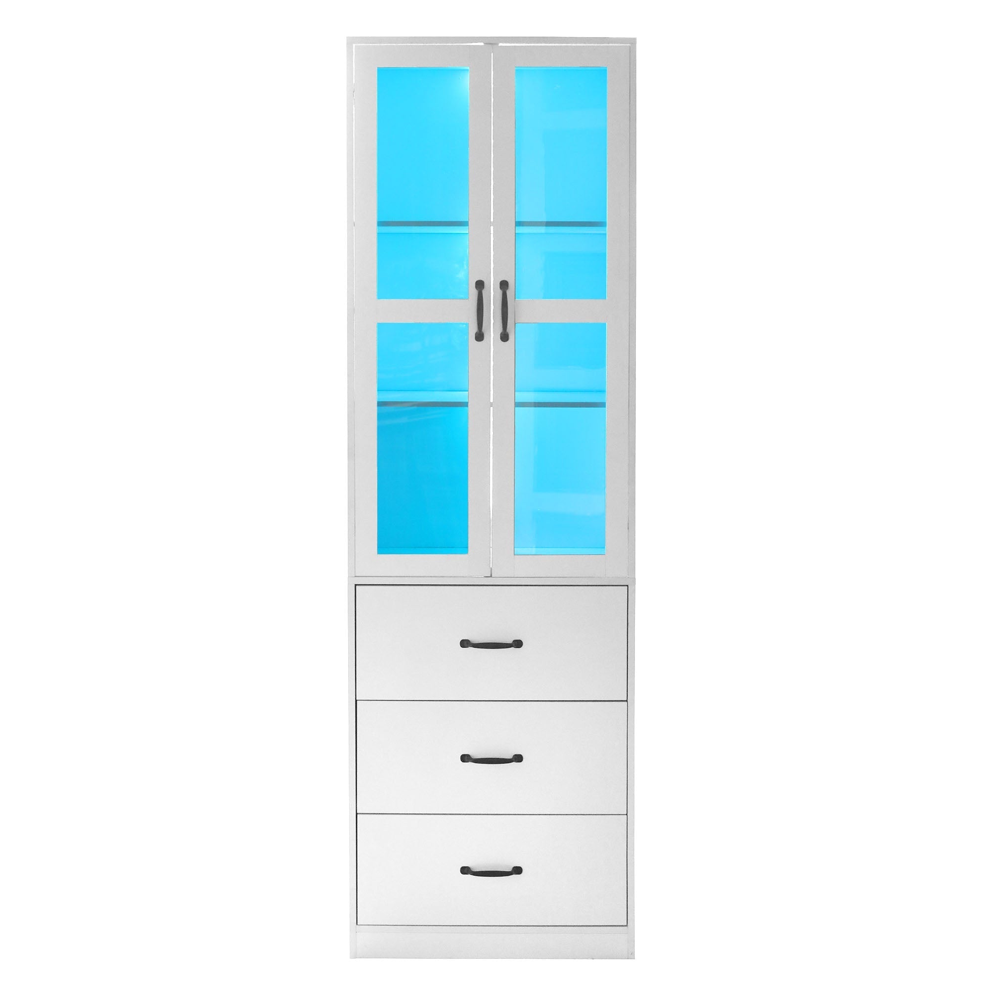 Display Cabinet, 200cm Freestanding with 3 Drawers, 2 Glass Doors, LED Lighting, White