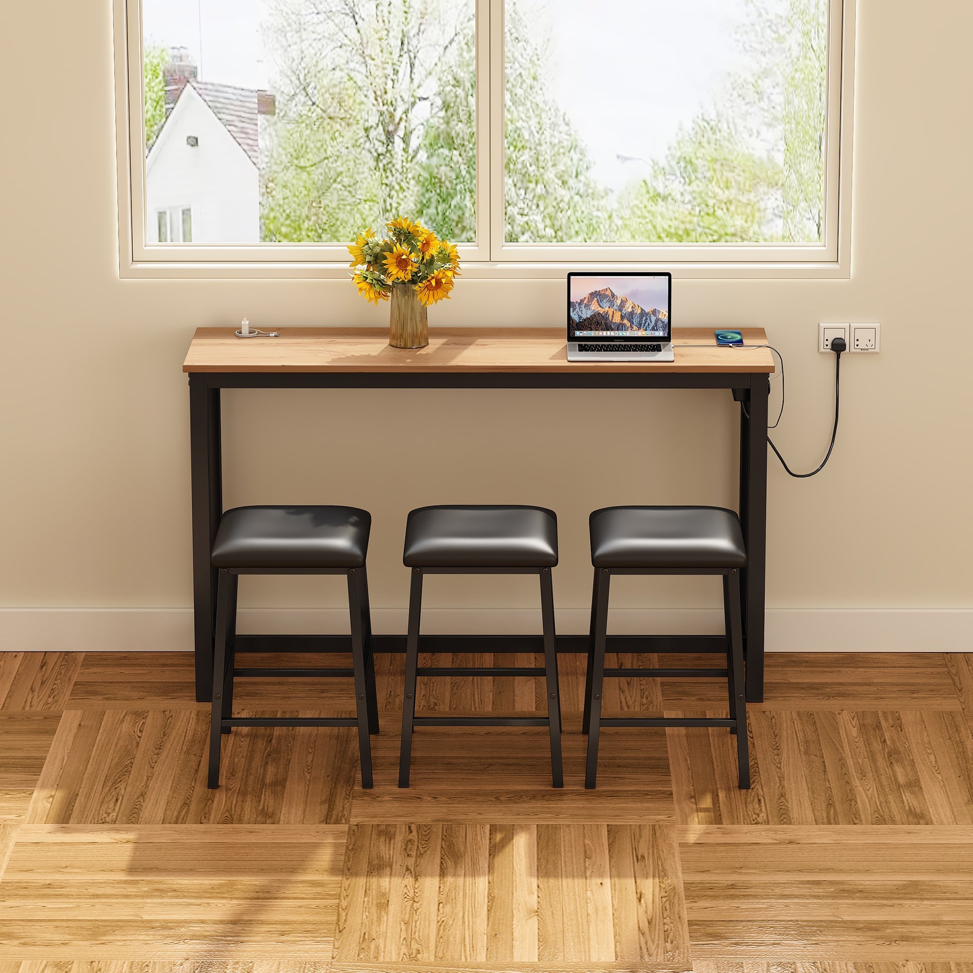 Industrial Bar Table Set with 3 Chairs, Counter Height Dining, Black + Oak