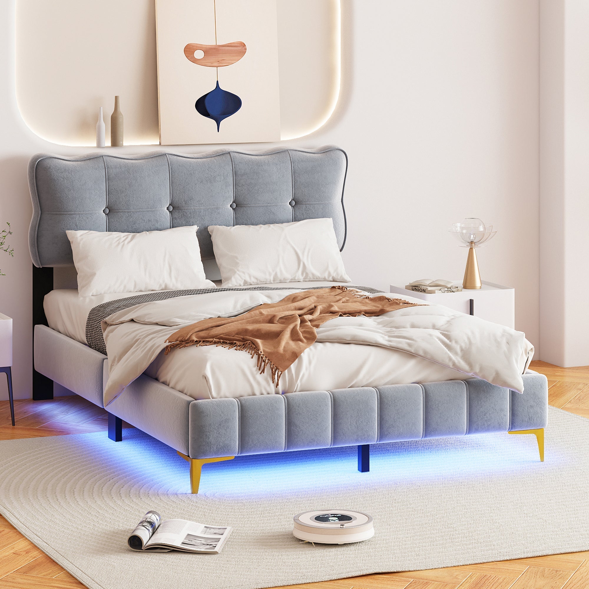 Upholstered Bed, 140x200cm Double with LED & Slatted Frame, Velvet Fabric, Grey