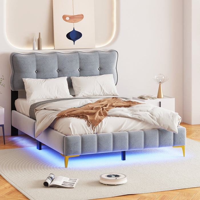 Upholstered Bed, 140x200cm Double with LED & Slatted Frame, Velvet Fabric, Grey