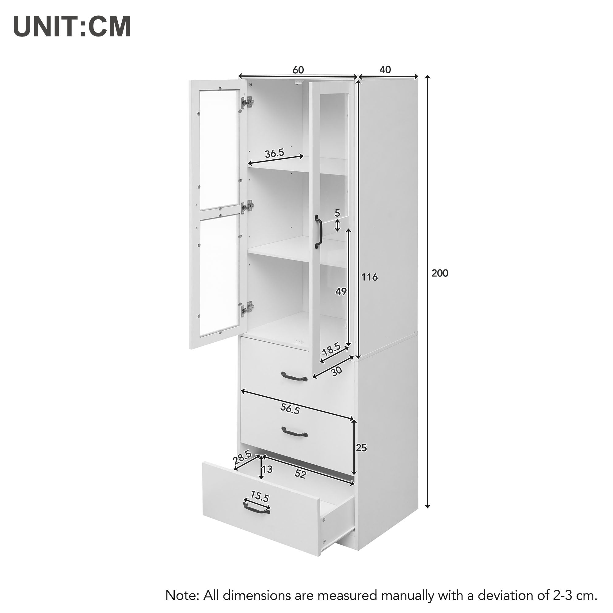 Display Cabinet, 200cm Freestanding with 3 Drawers, 2 Glass Doors, LED Lighting, White