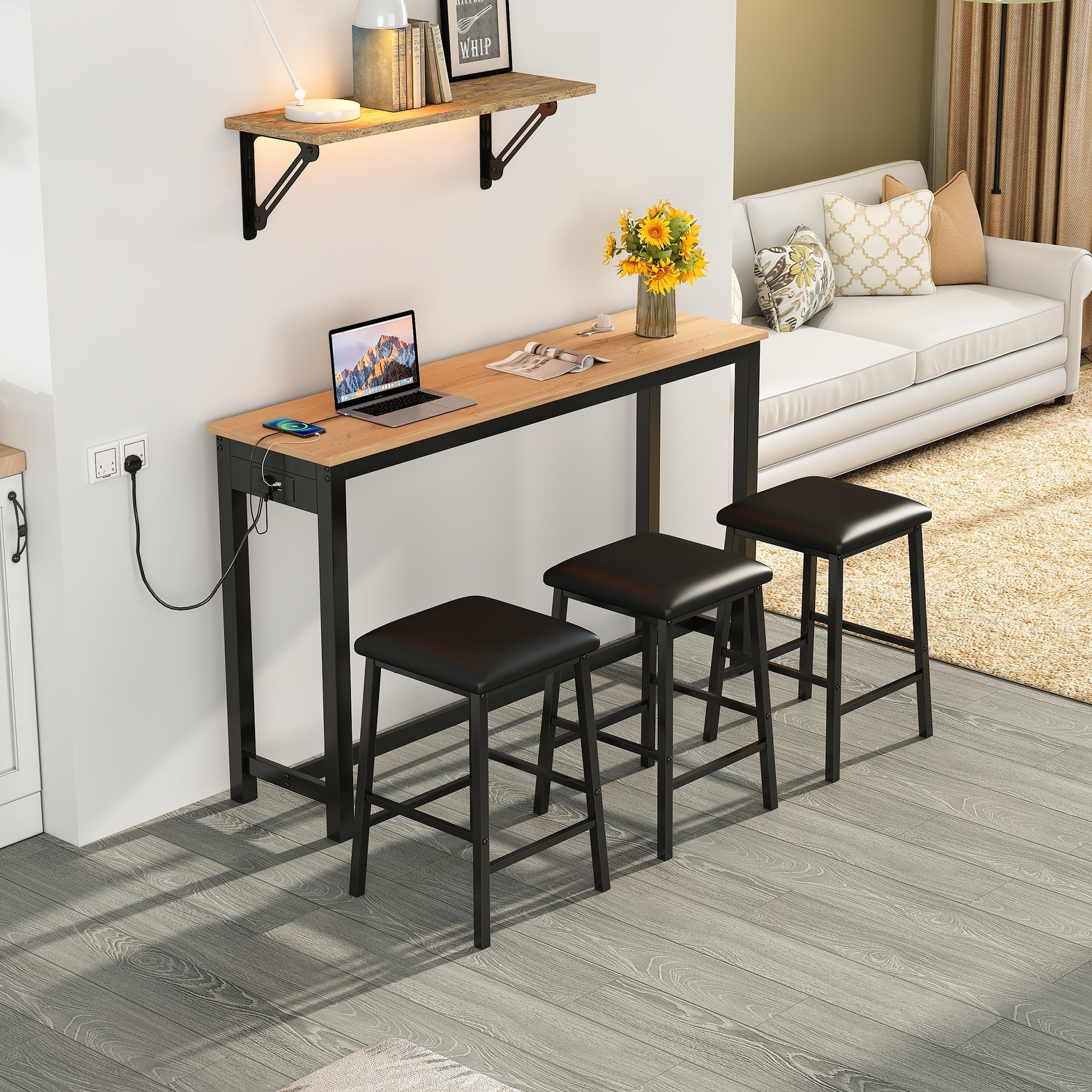 Industrial Bar Table Set with 3 Chairs, Counter Height Dining, Black + Oak