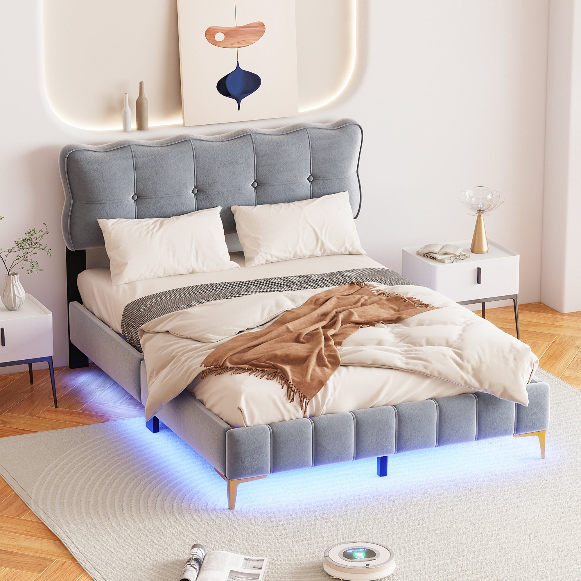Upholstered Bed, 140x200cm Double with LED & Slatted Frame, Velvet Fabric, Grey