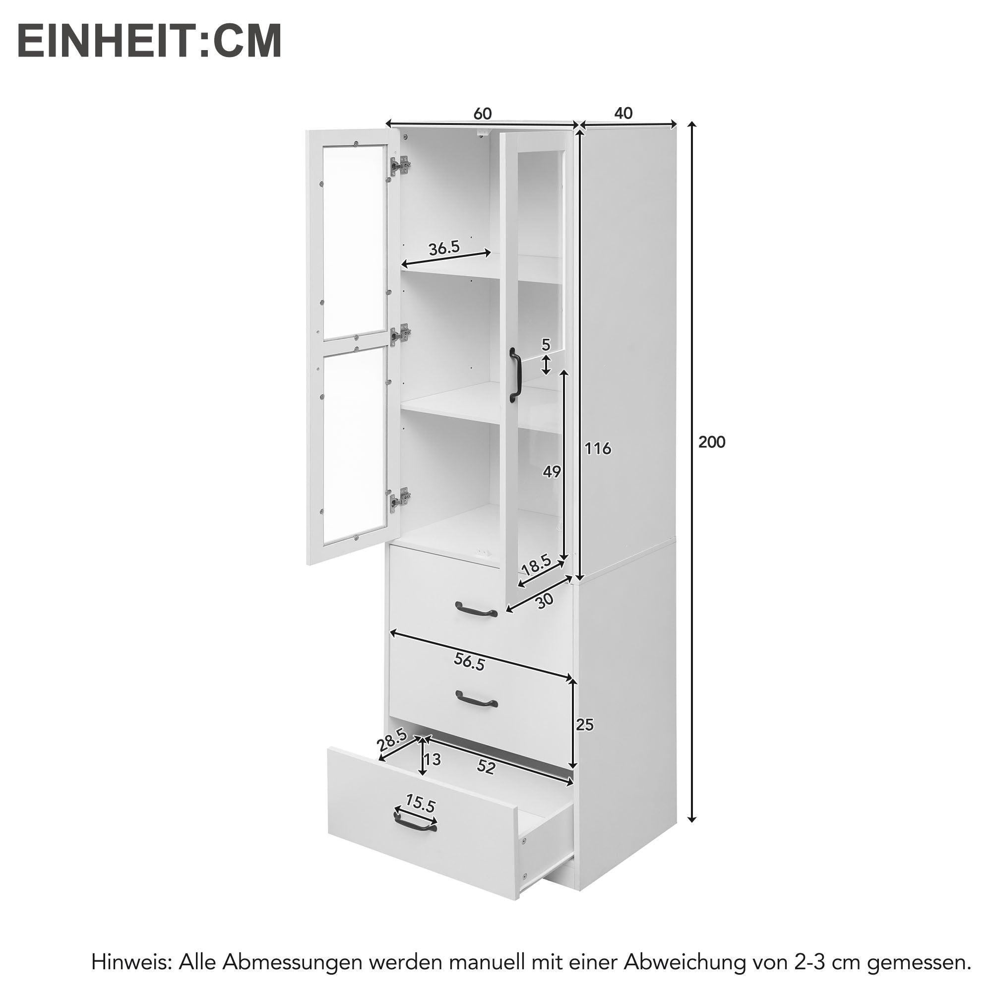 Display Cabinet, 200cm Freestanding with 3 Drawers, 2 Glass Doors, LED Lighting, White
