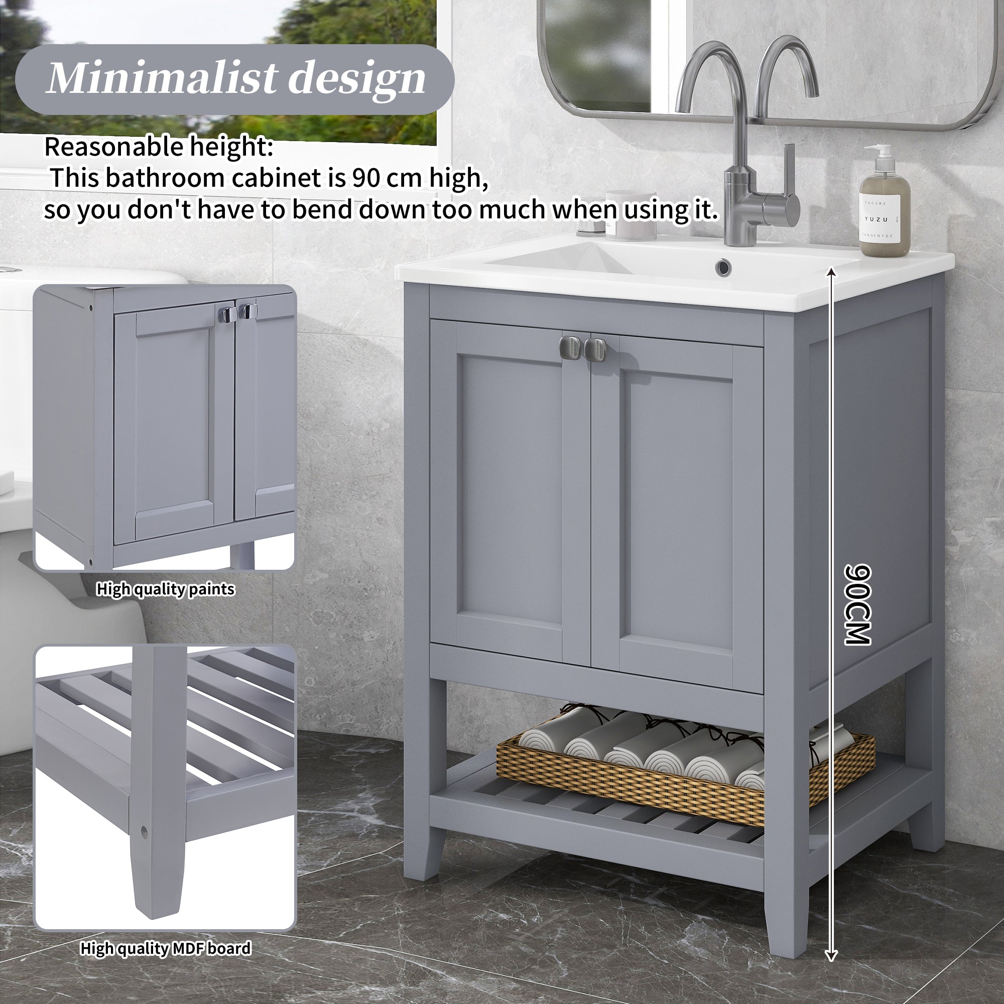 Bathroom Vanity Unit Base Cabinet 60cm Ceramic Washbasin Light Grey