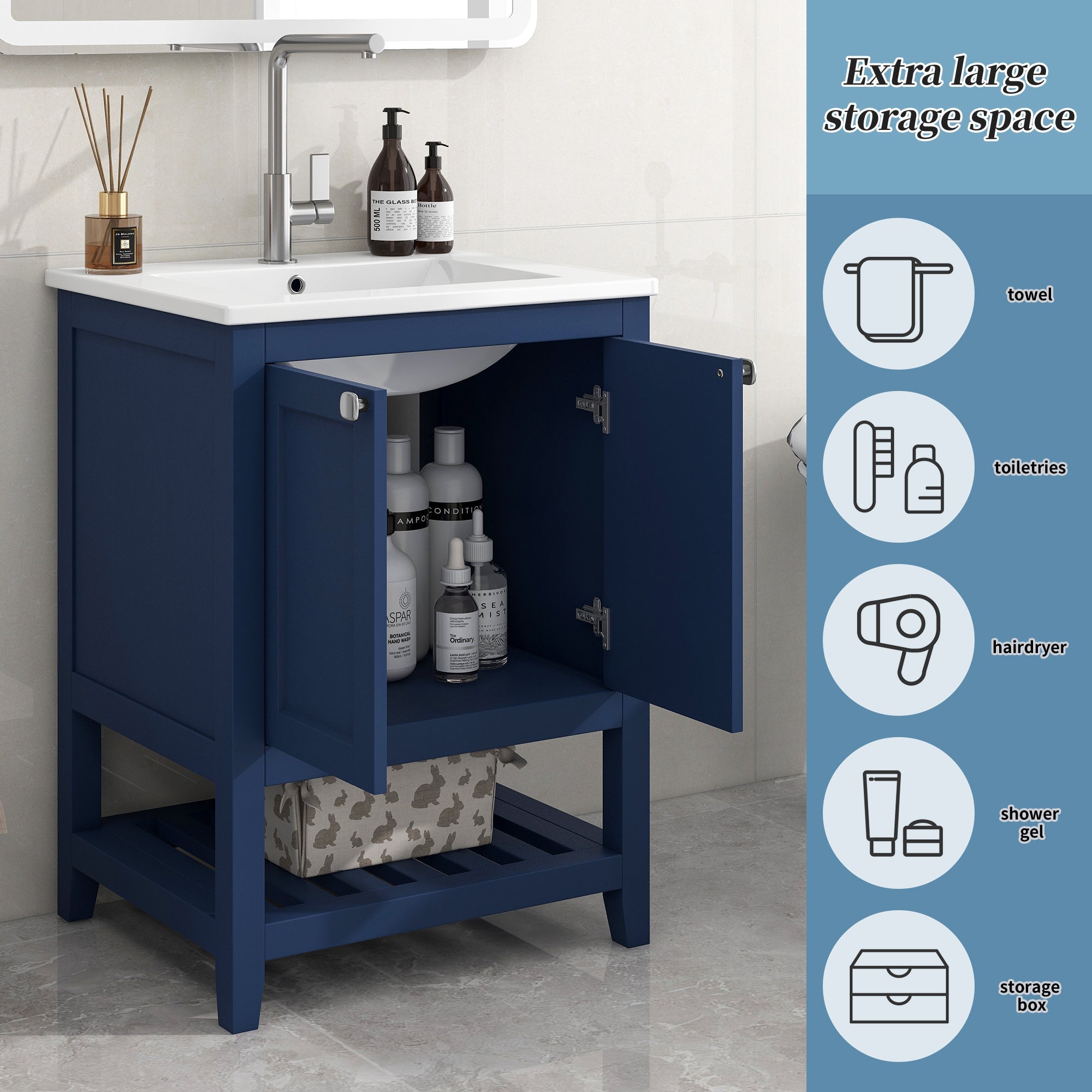 Bathroom Vanity Unit with Base Cabinet 60cm Ceramic Washbasin, Blue