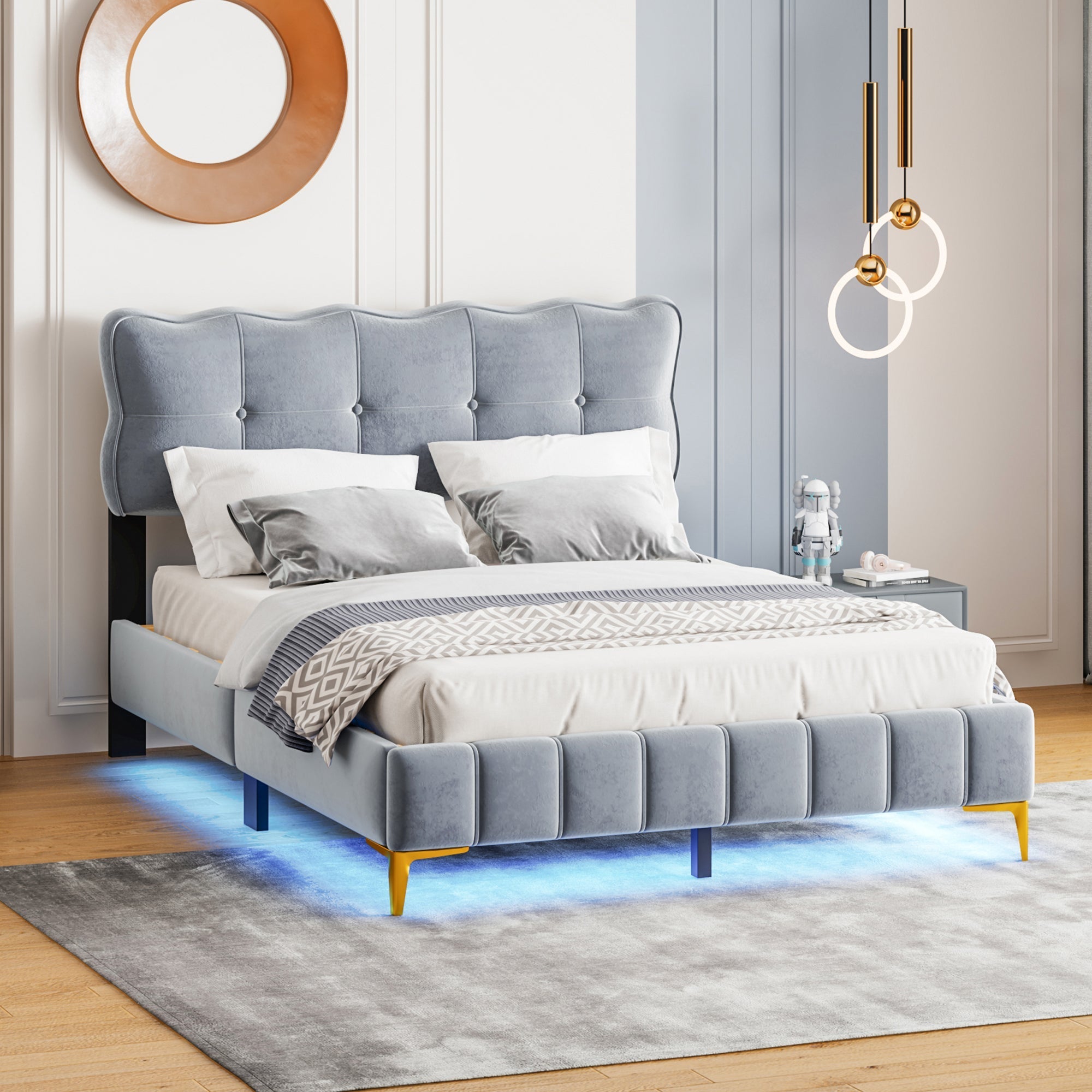 Upholstered Bed, 140x200cm Double with LED & Slatted Frame, Velvet Fabric, Grey